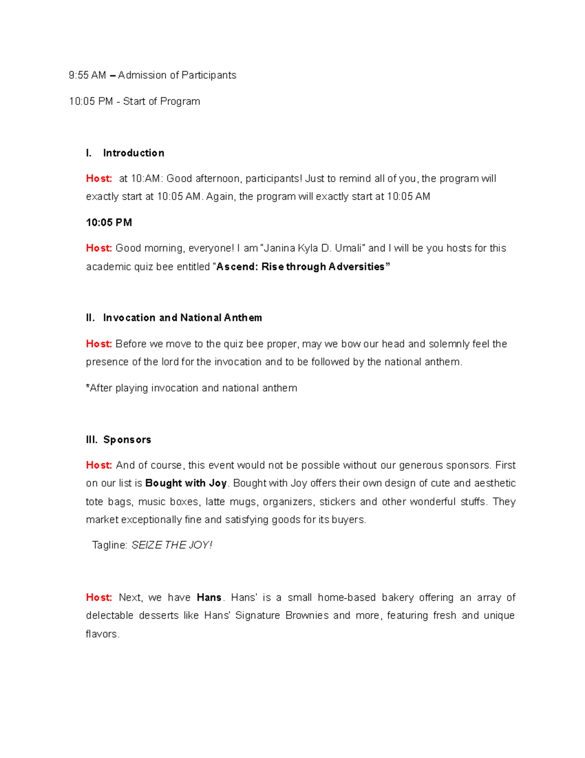 Ascend Script AND Program FLOW - 9:55 AM – Admission of Participants 10 ...