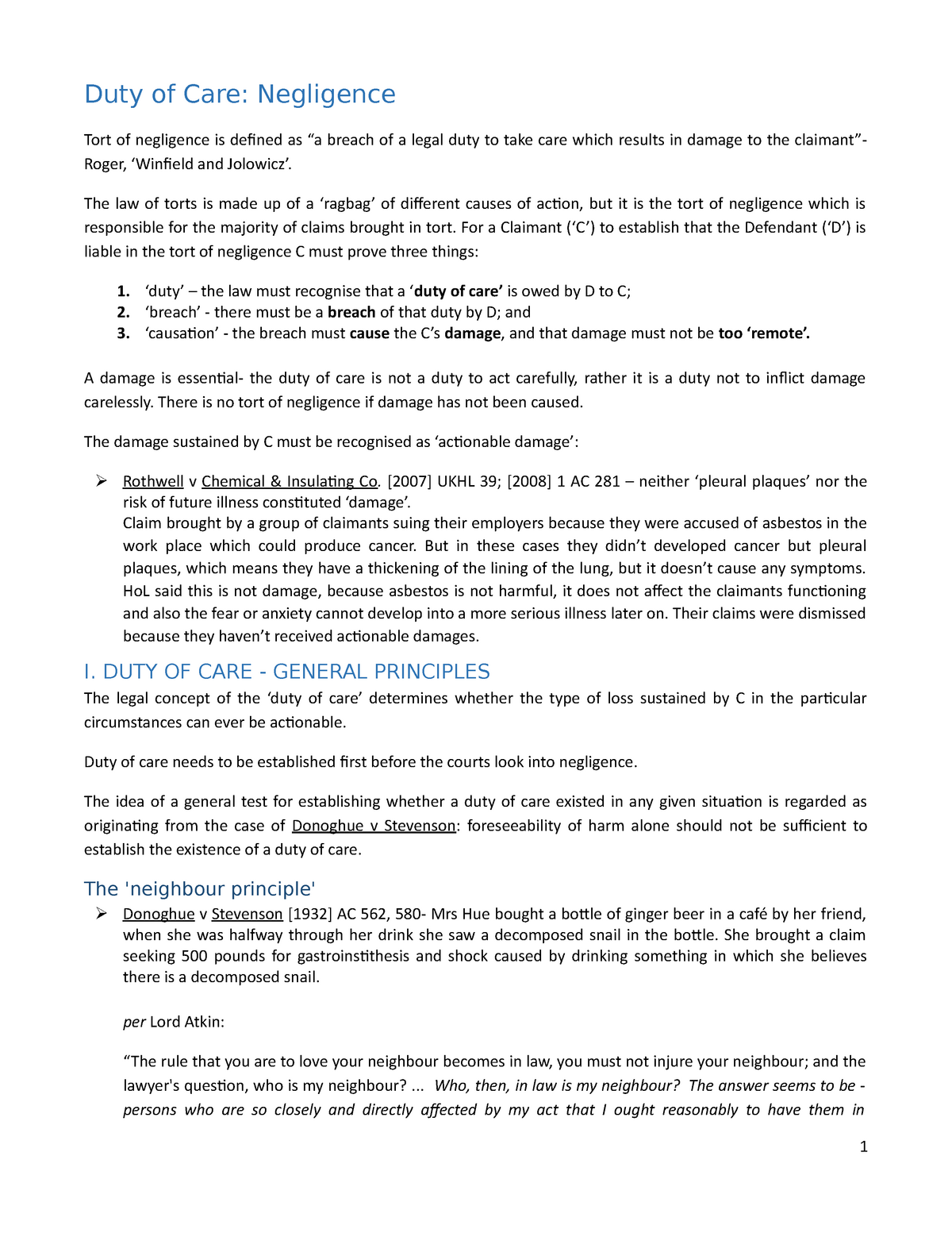 Duty Of Care Notes - Duty Of Care: Negligence Tort Of Negligence Is ...