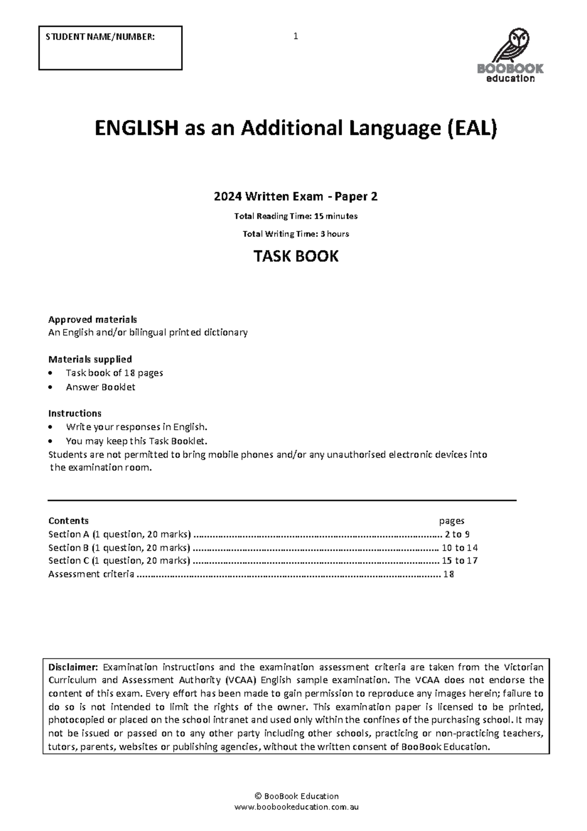 BBE EAL 2024 Practice Paper 2 updated - © BooBook Education ENGLISH as ...