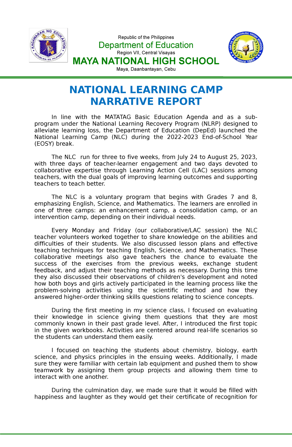 NLC Narrative report Republic of the Philippines Department of