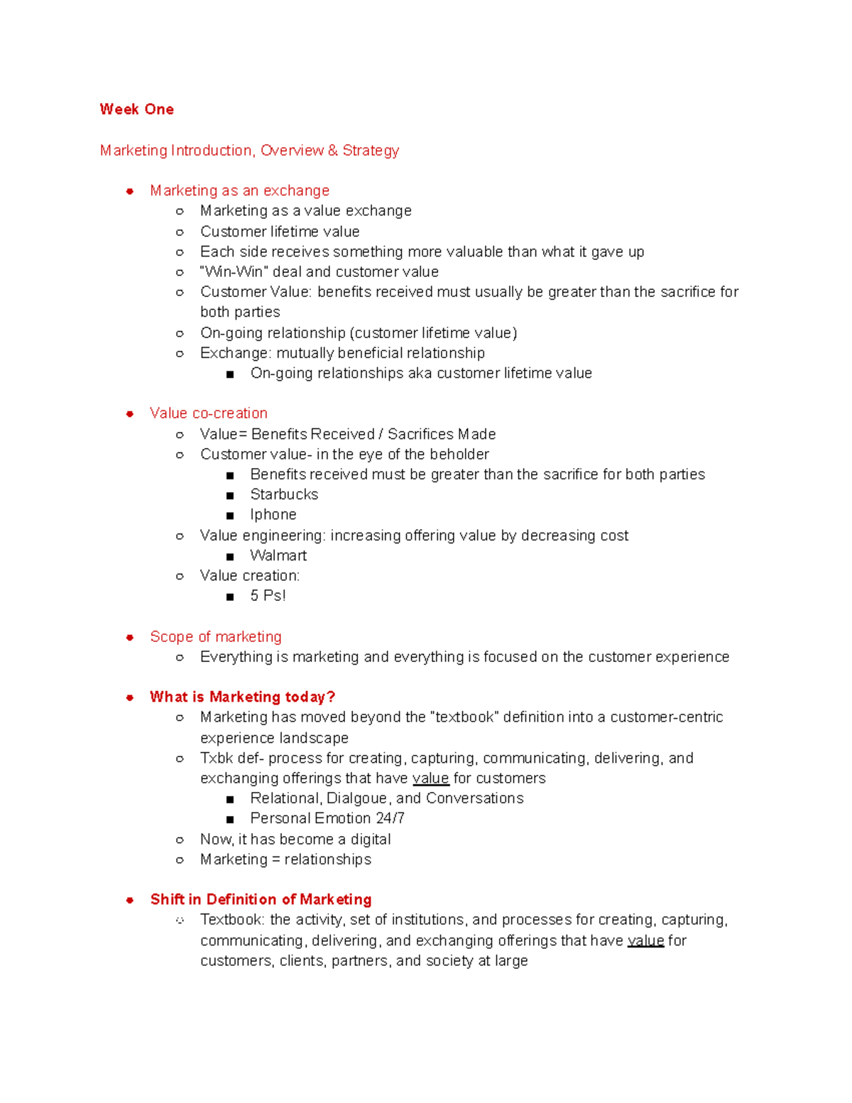 307 Study Guide - Week One Marketing Introduction, Overview & Strategy ...