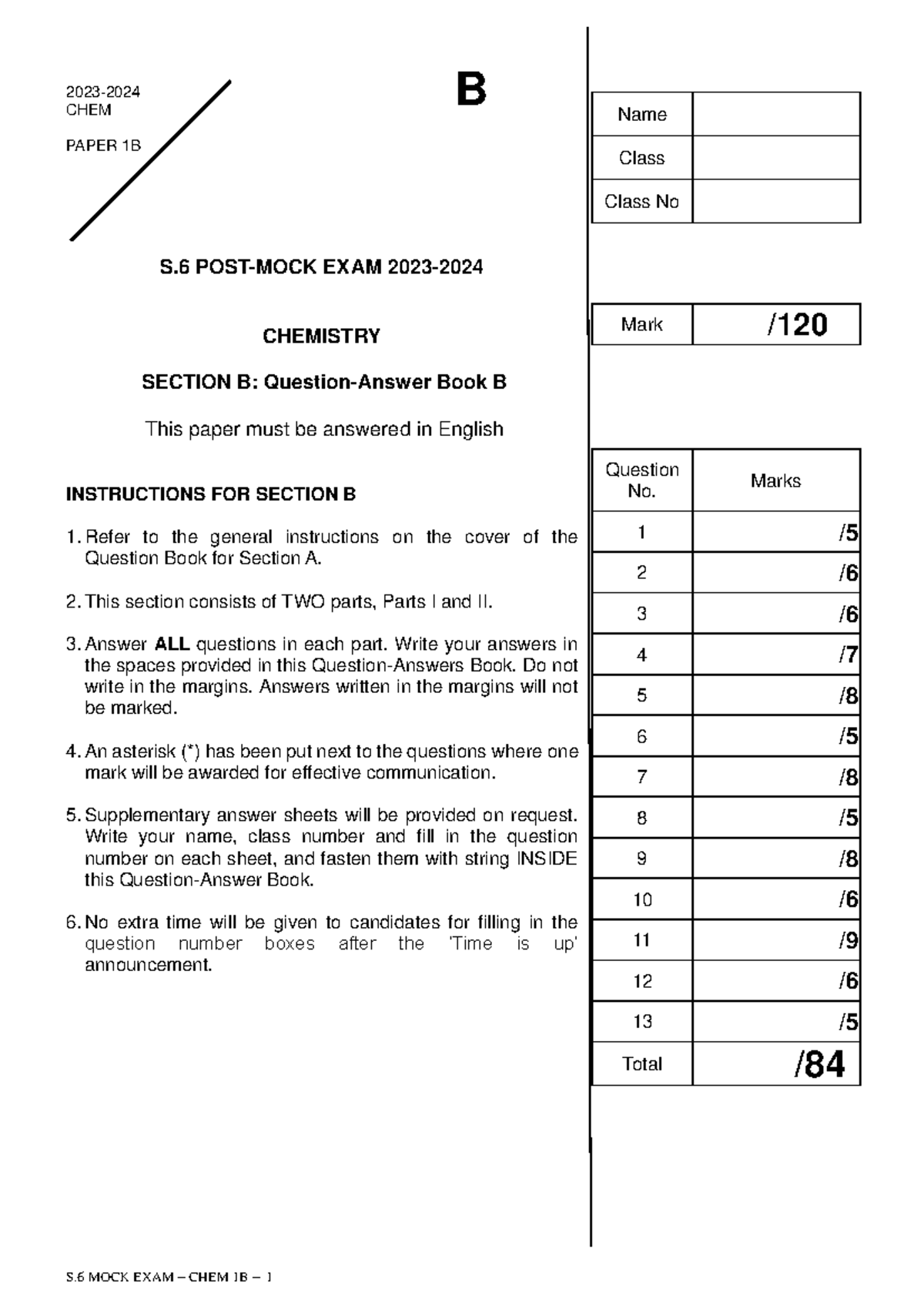 202324 F6 CHE PostMock Exam Paper 1B (Convention Question) 2023