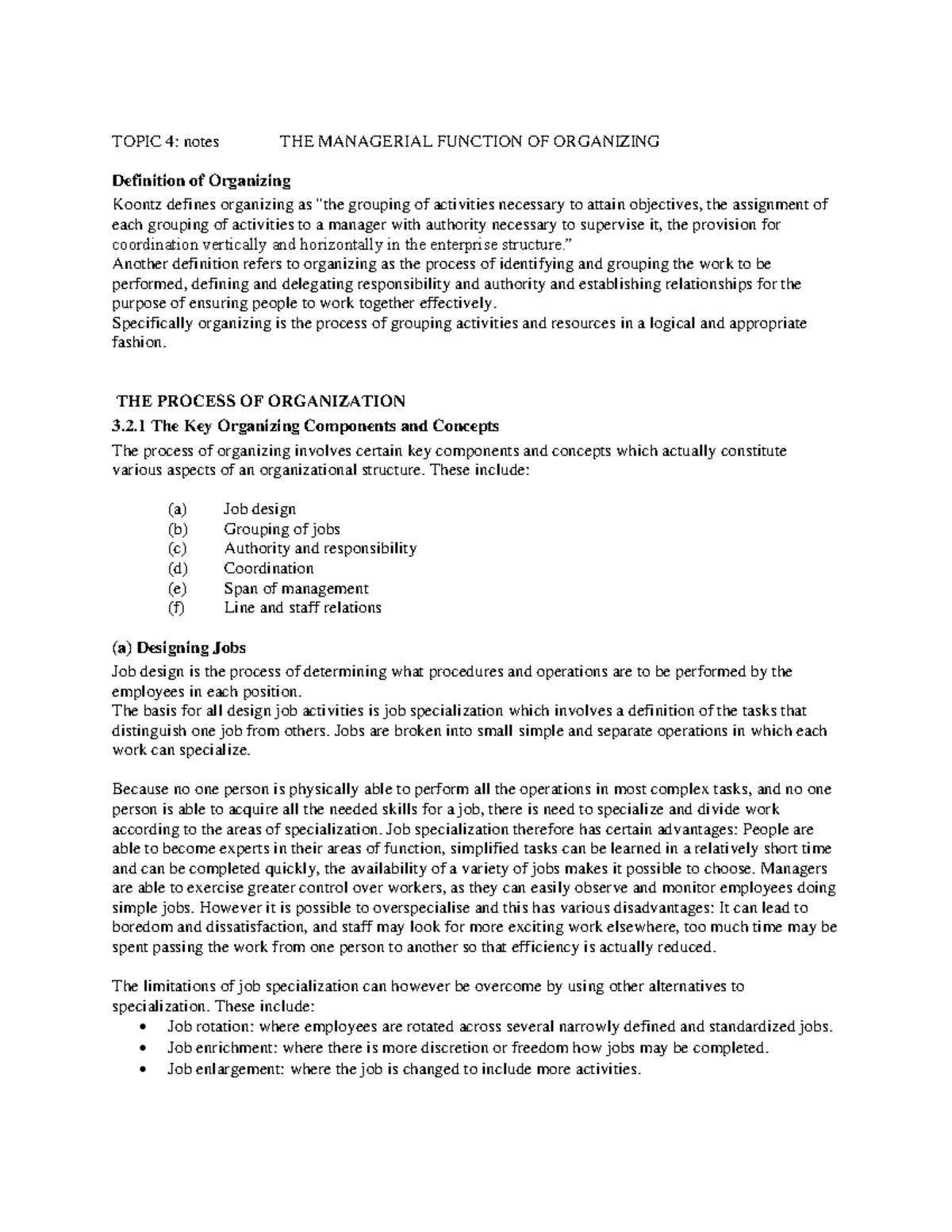 Topic 5 Notes organising (2) - TOPIC 4: notes THE MANAGERIAL FUNCTION ...