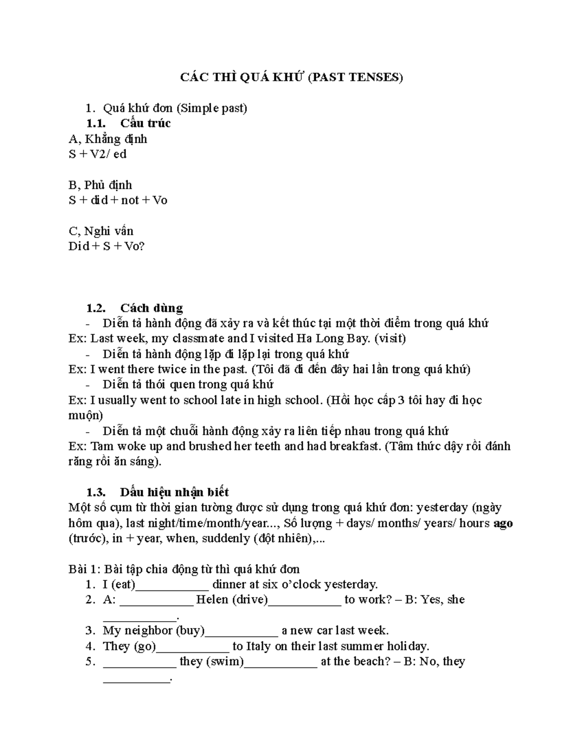 CÁC THÌ QUÁ KHỨ - Basic english structure - CÁC THÌ QUÁ KHỨ (PAST ...