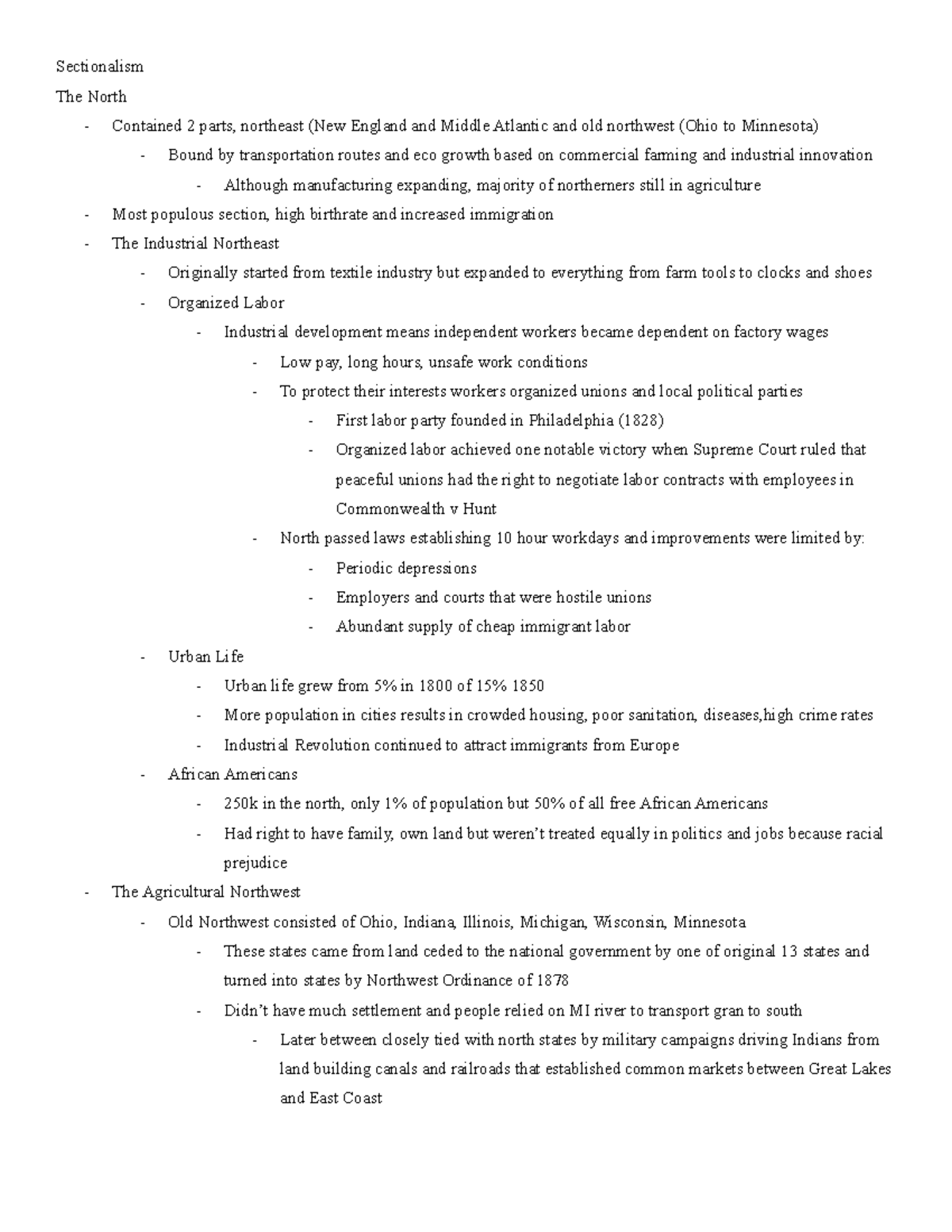 Apush Chapter 9 Notes - Sectionalism The North - Contained 2 Parts ...