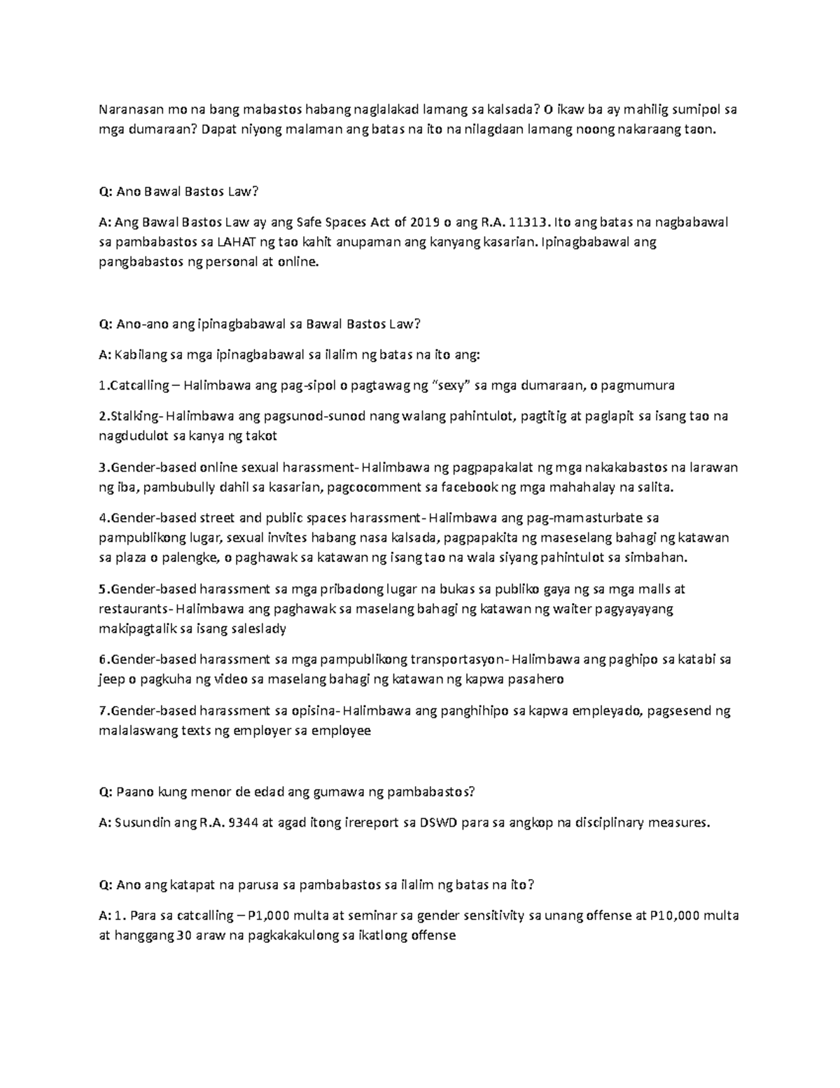 Tagalog bastos law Naranasan mo na bang mabastos habang naglalakad