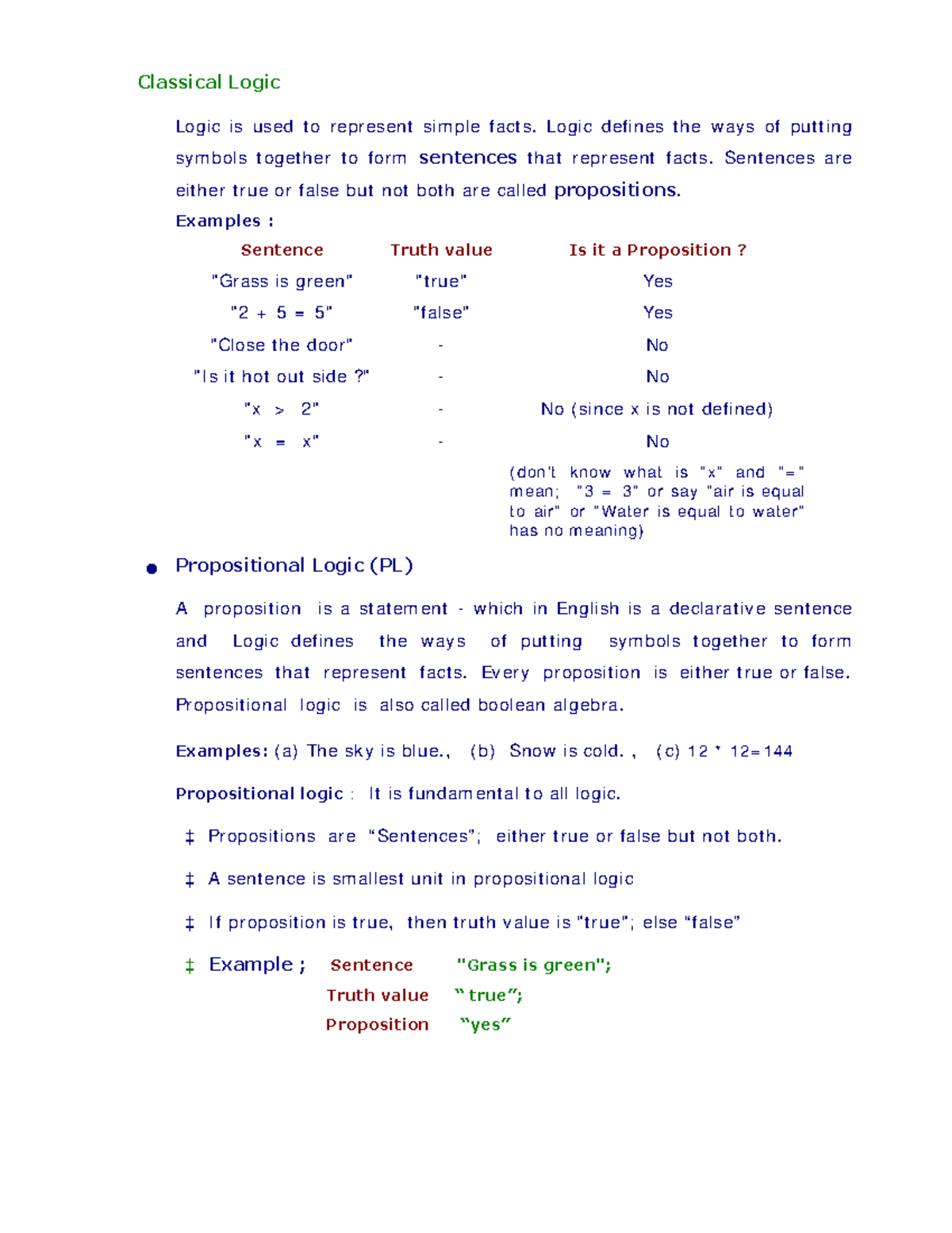 Ai notes-27 - NOTES - Classical Logic Logic is used t o represent sim ...