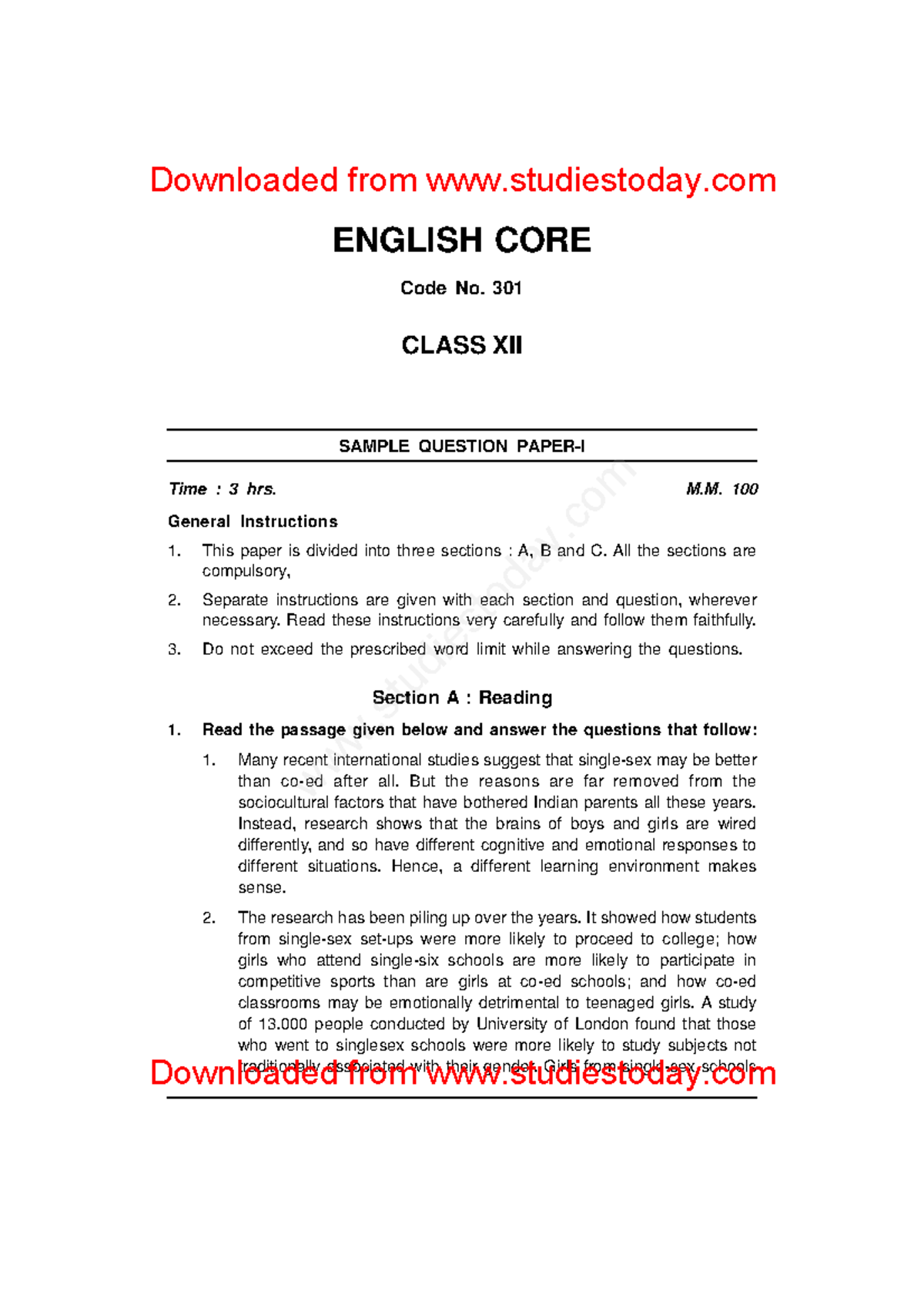 CBSE Class 12 English Core Sample Paper 2013 (10) - ENGLISH CORE Code ...