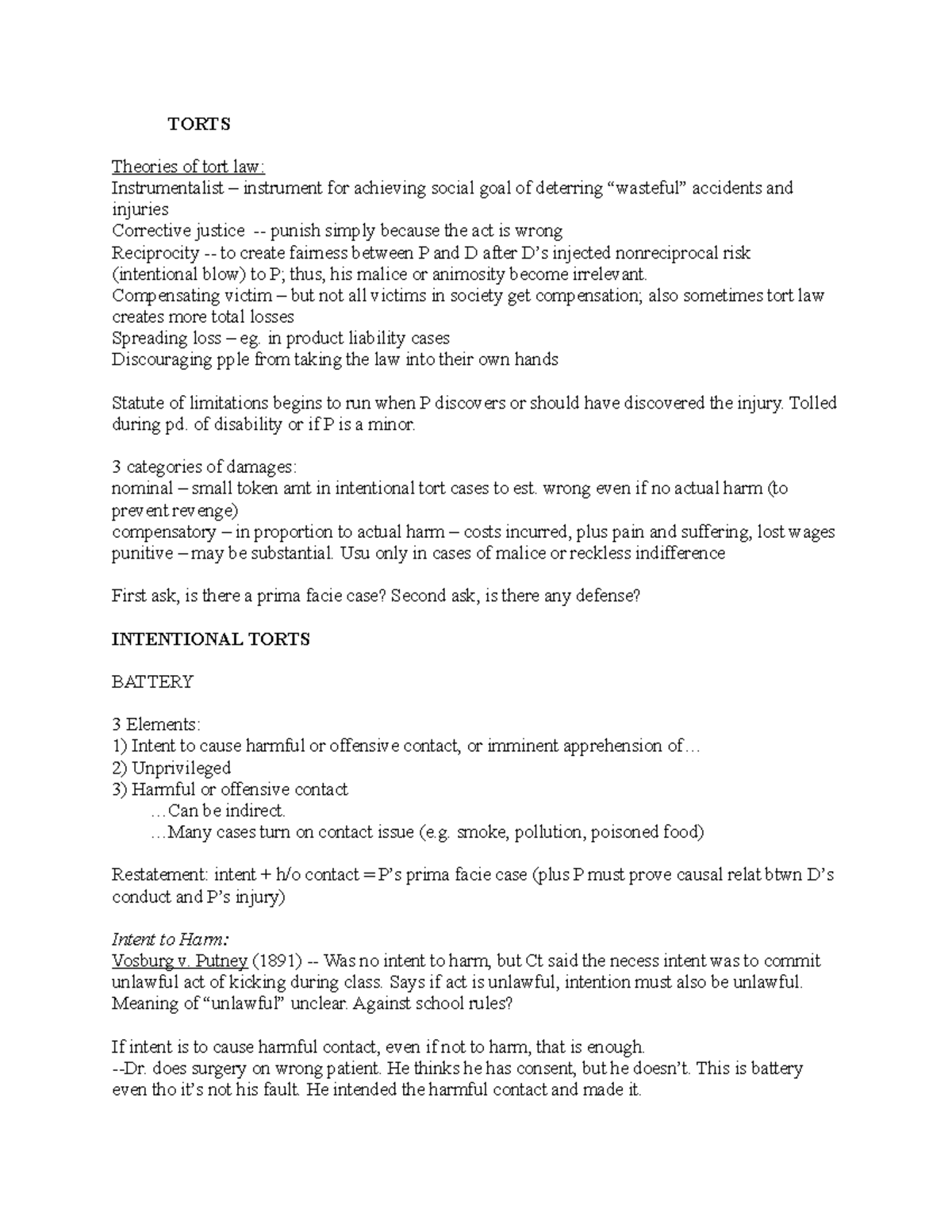 Torts Law Outline - 1 - TORTS Theories of tort law: Instrumentalist ...