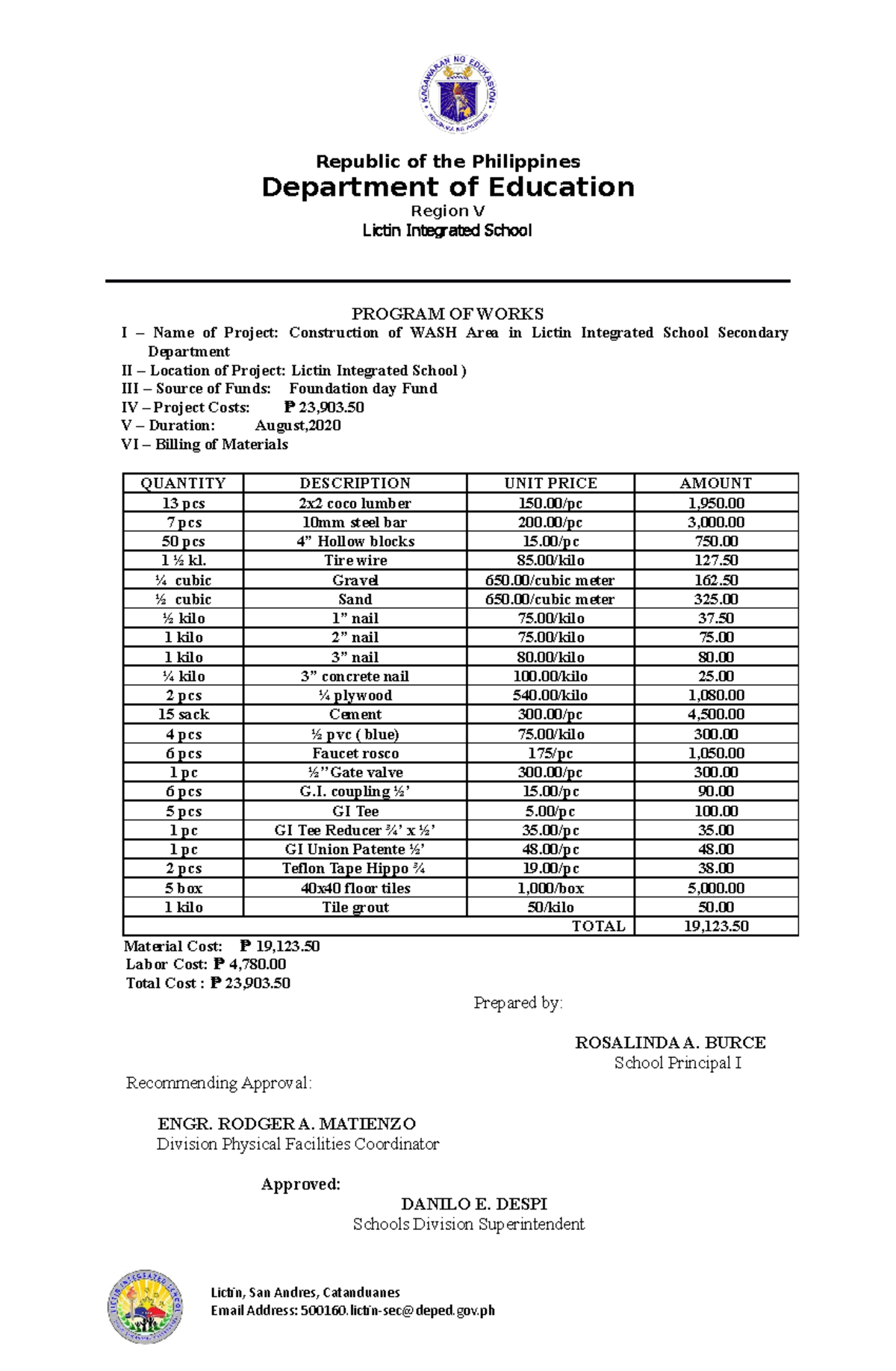 Program of works (wash) - Republic of the Philippines Department of ...