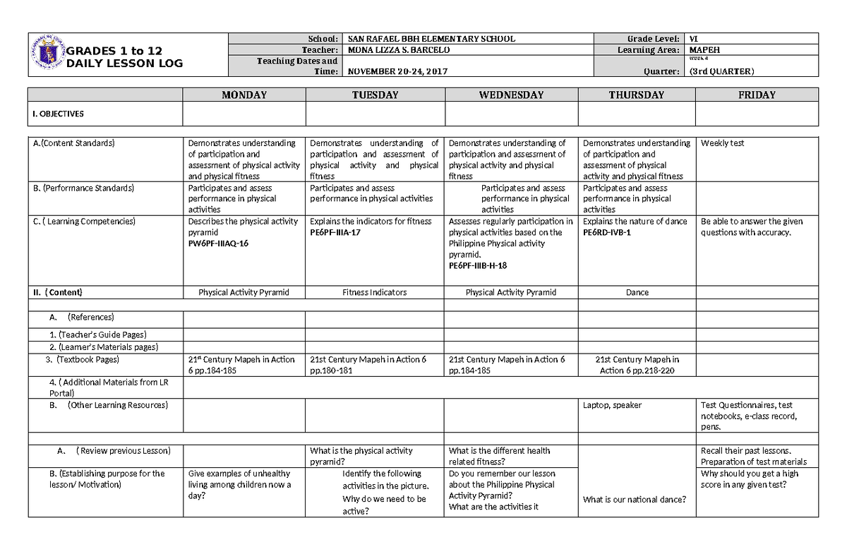 Pe 6 Dll Straight Week 4 Quarter 4 Liezl document GRADES 1 to 12