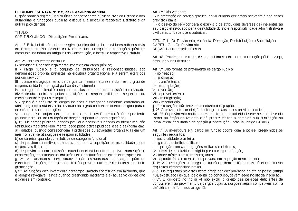 LEI Complementar Nº 122 - LEI COMPLEMENTAR Nº 122, de 30 de Junho de ...