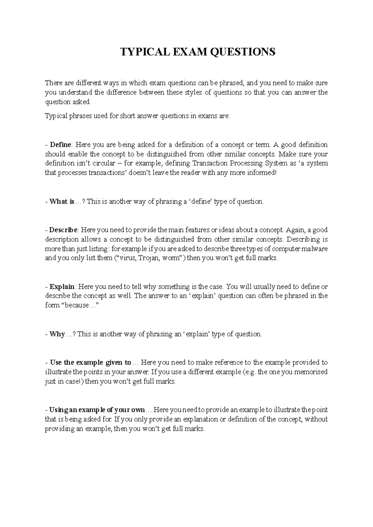 More Exam Info and hints - TYPICAL EXAM QUESTIONS There are different ...