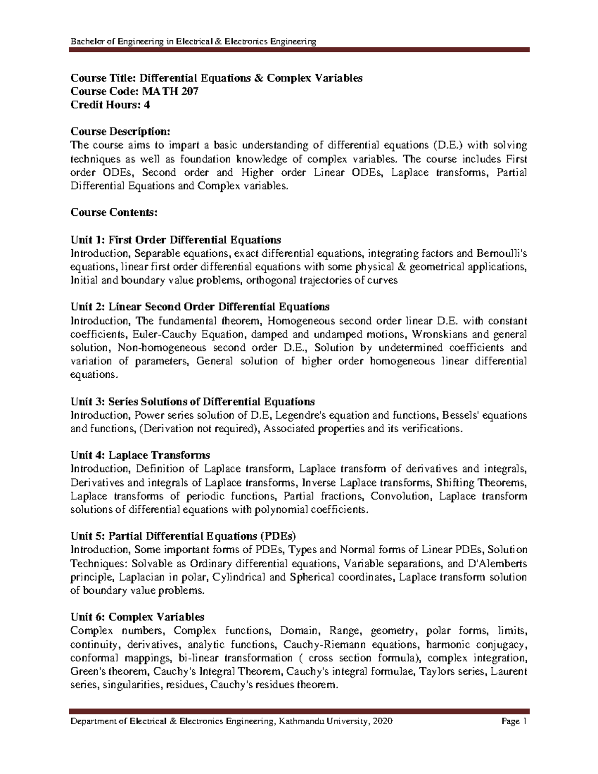 Differential Equations and Complex Variables MATH 207 Syllabus ...