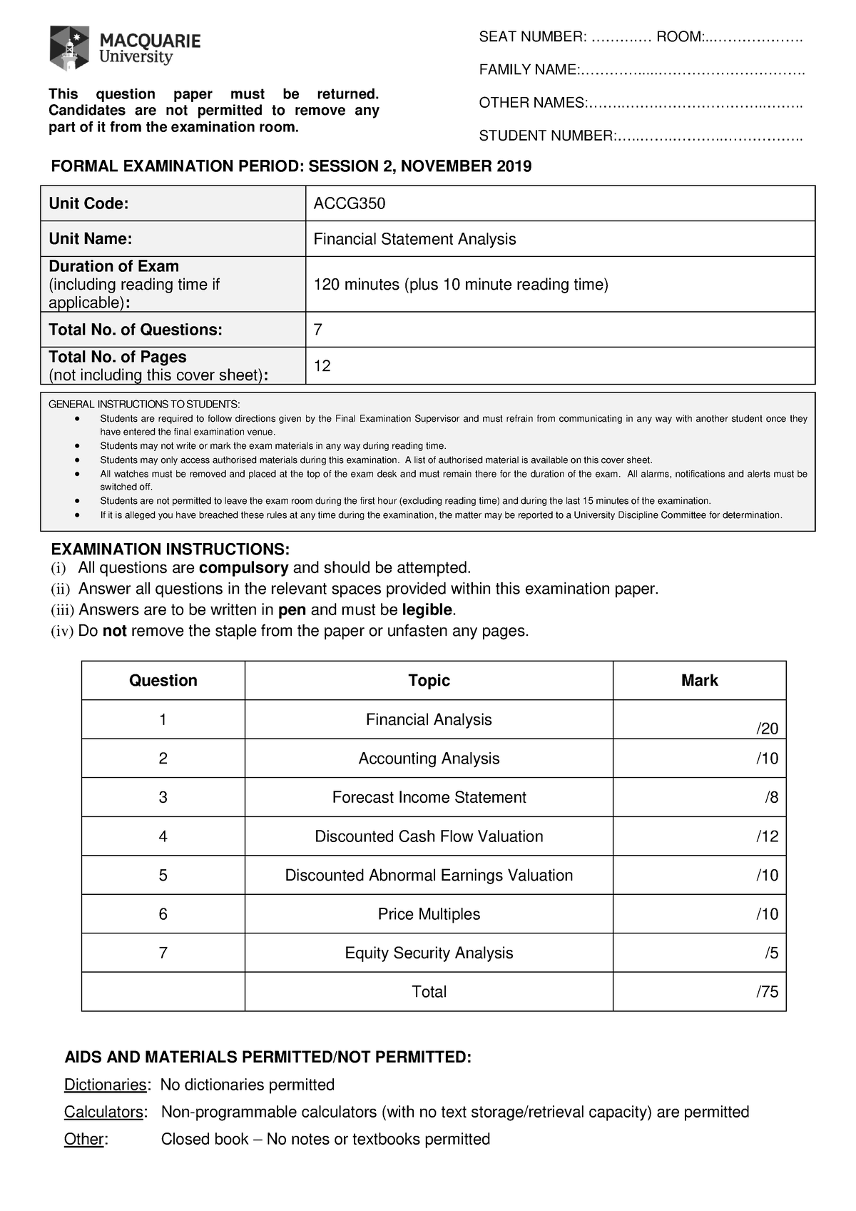 ACCG350 2019 S2 - asfasfdsf - This question paper must be returned ...