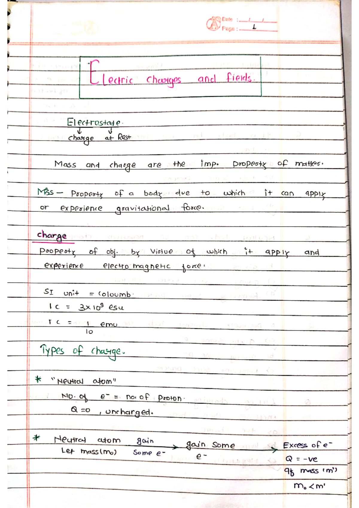 Electric Charge AND Fields Lecture 1 - Physics class 12 - Studocu