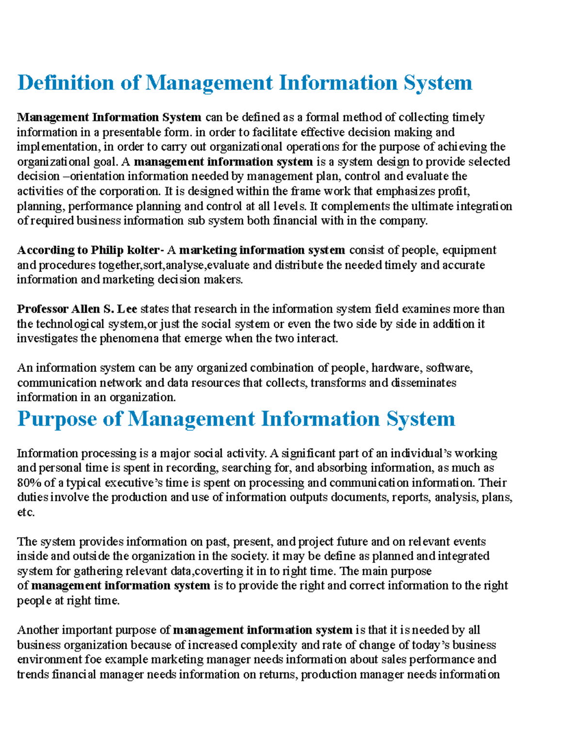 Mis notes - Management Information System,Purpose of Management ...