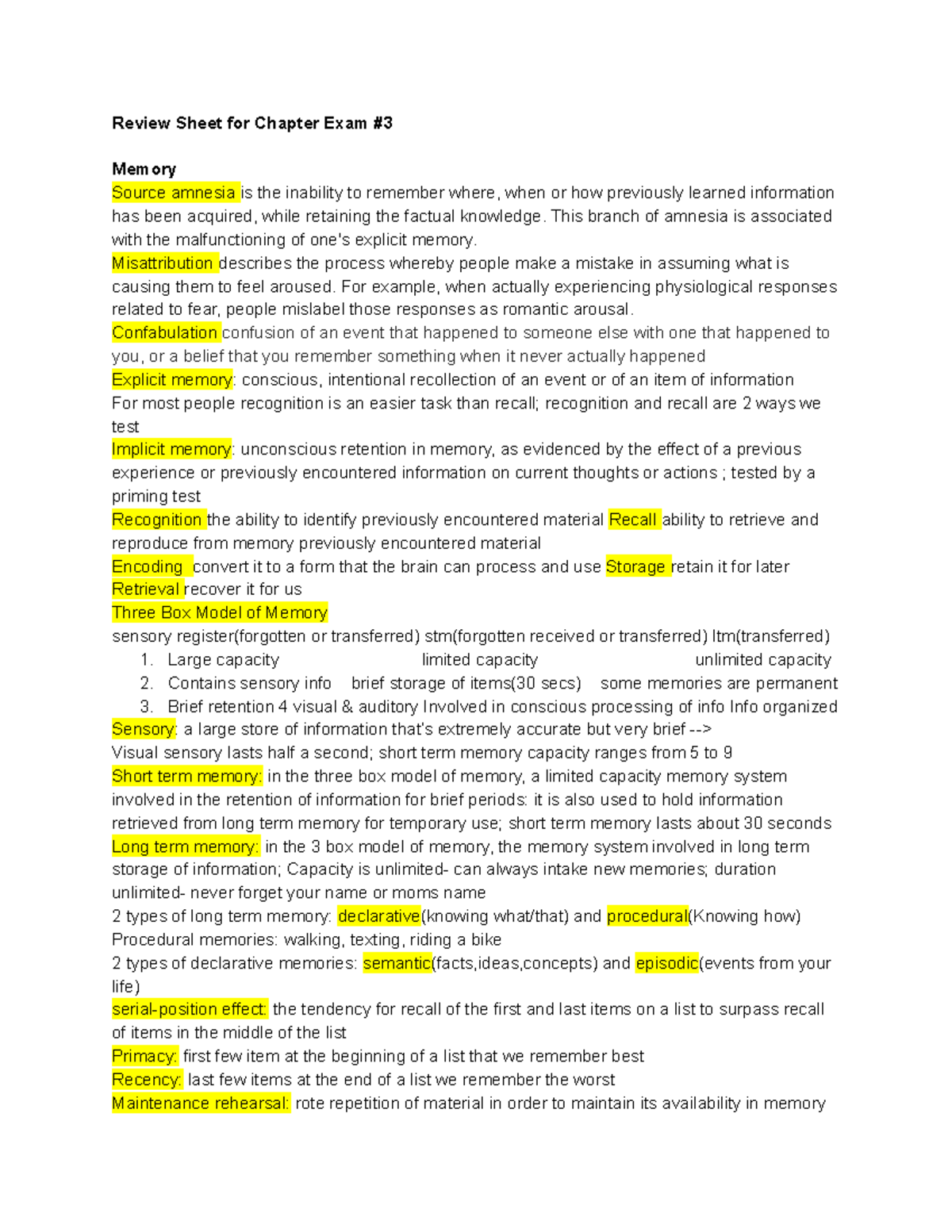 Psychology study guide - Review Sheet for Chapter Exam # Memory Source ...