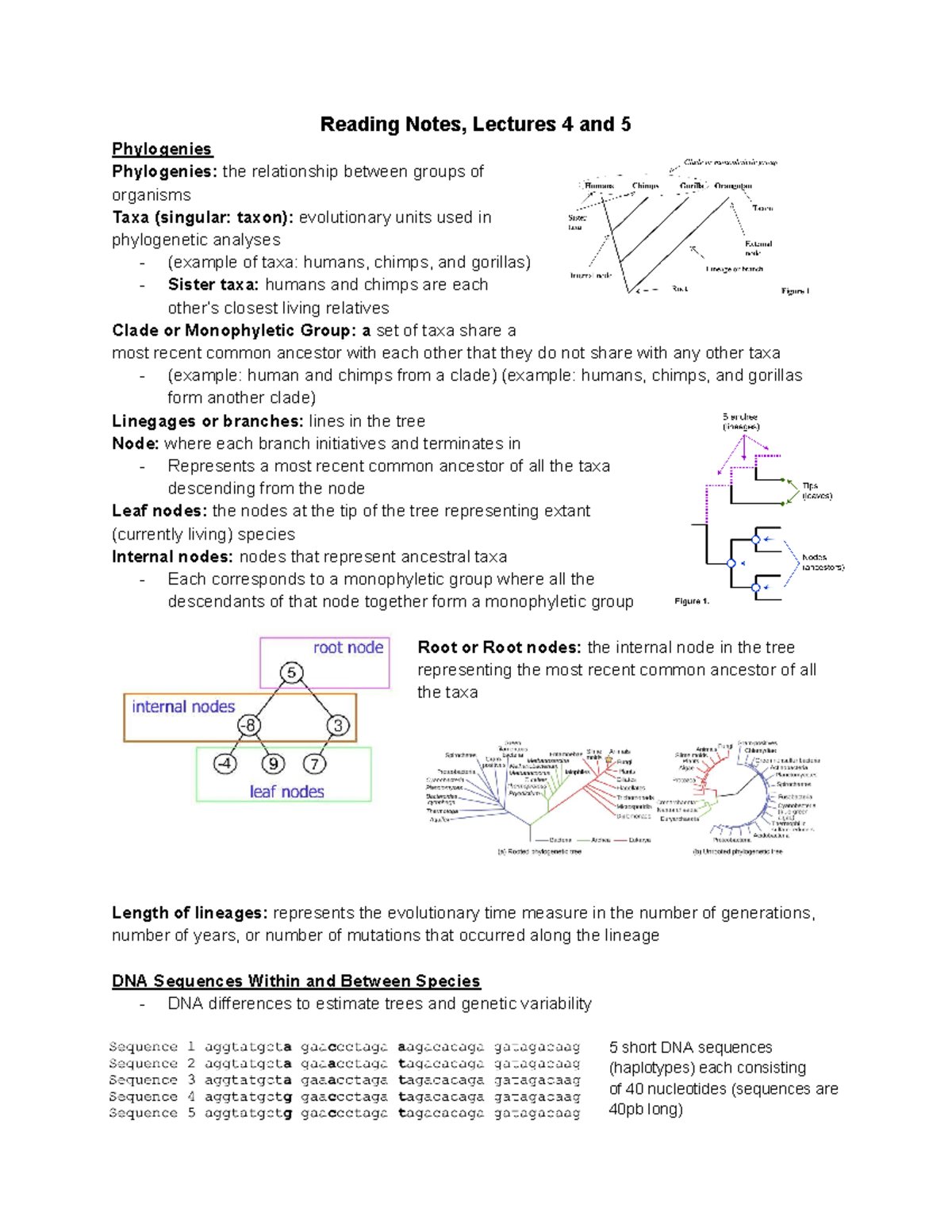 Lecture_Notes_2 - Reading Notes, Lectures 4 and 5 Phylogenies ...