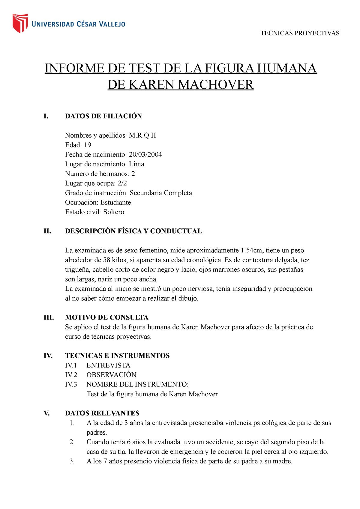 Informe De Test De La Figura Humana De Karen Machover Informe De