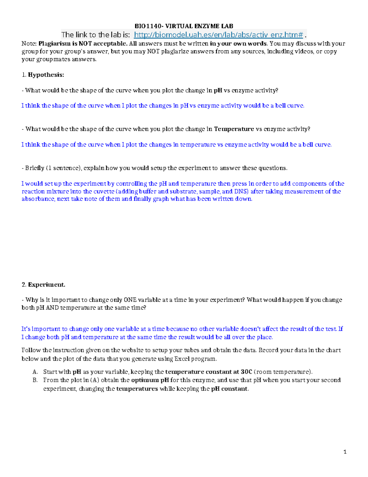 Virtual Enzyme Lab (2)2 BIO1140 VIRTUAL ENZYME LAB The link to the