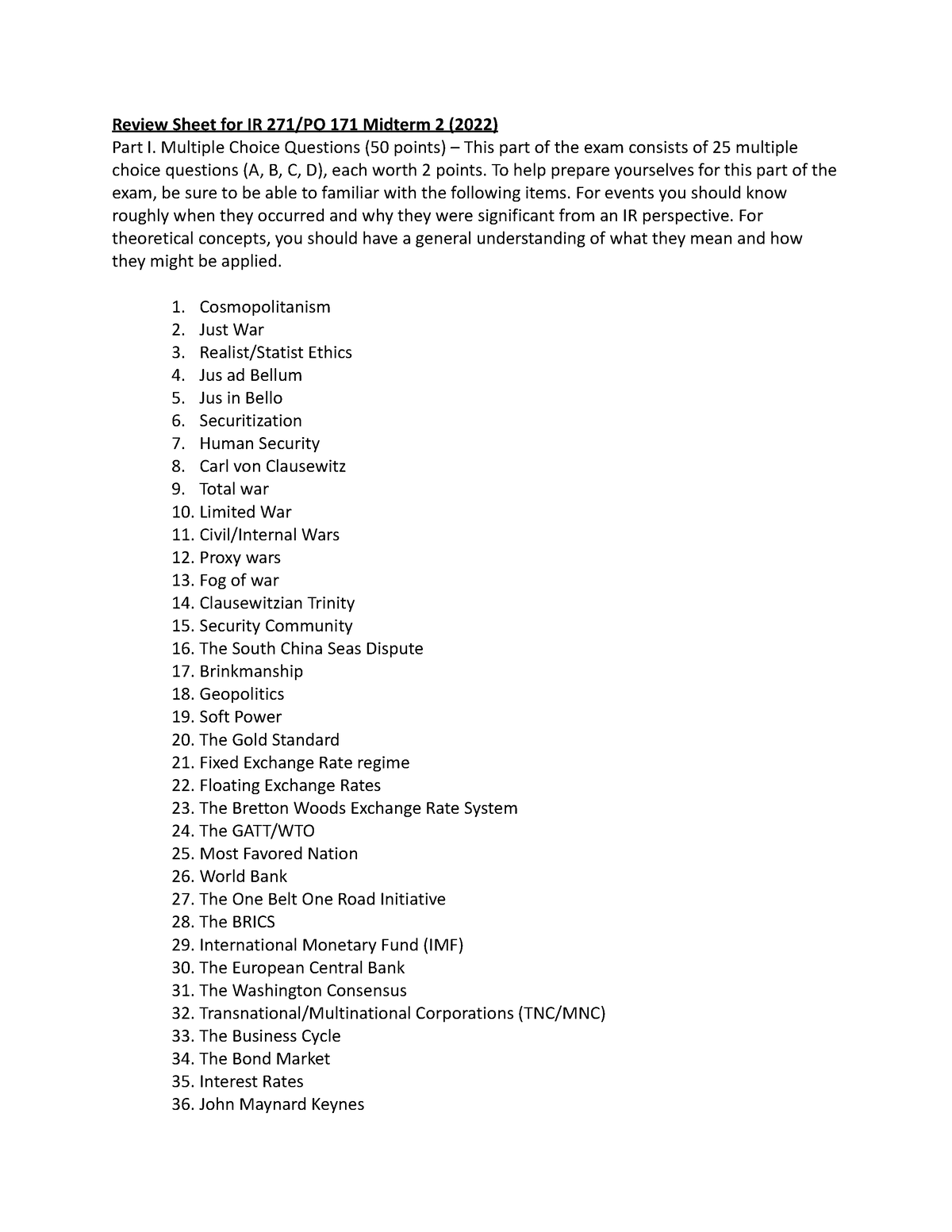 Copy of IR 271 Review Sheet Quiz 2 - Review Sheet for IR 271/PO 171 ...