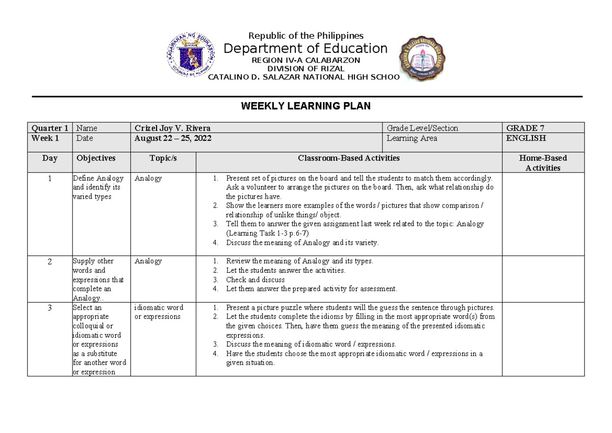 WLP Q1 W1- Analogy - Republic of the Philippines Department of ...
