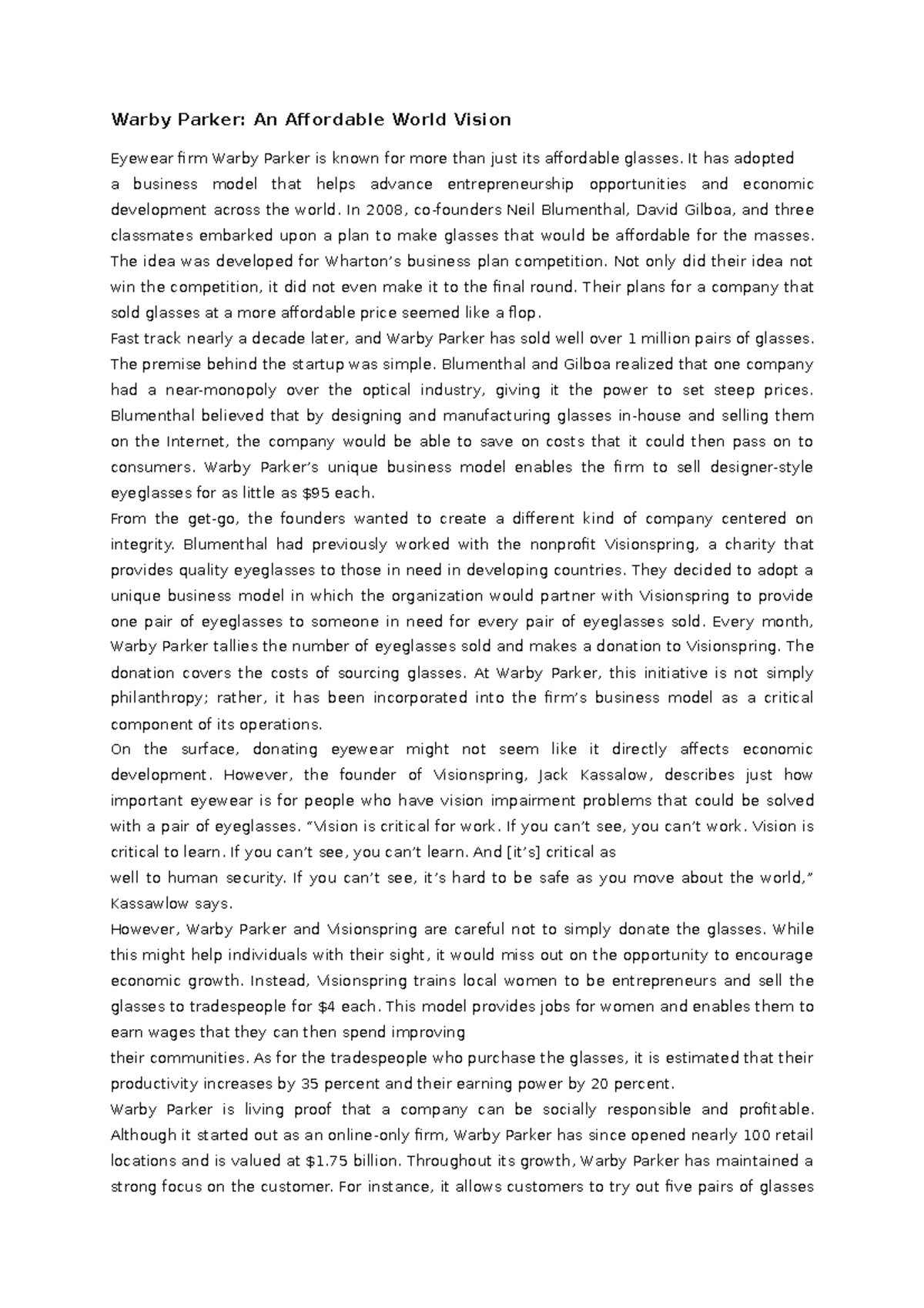 Warby Parker CASE Warby Parker An Affordable World Vision Eyewear