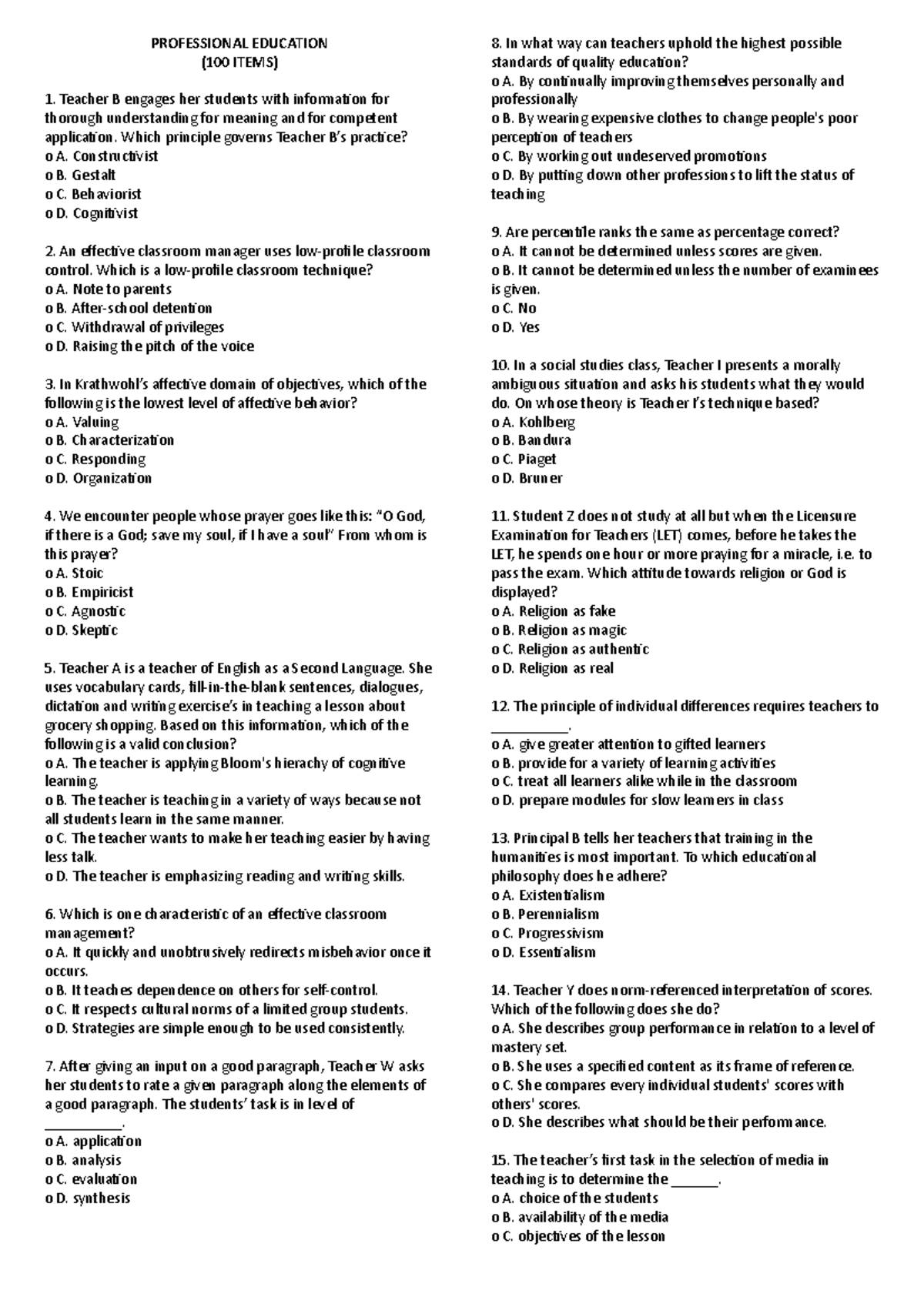 1 100 Prof Ed - Reviewer - PROFESSIONAL EDUCATION (100 ITEMS) Teacher B ...