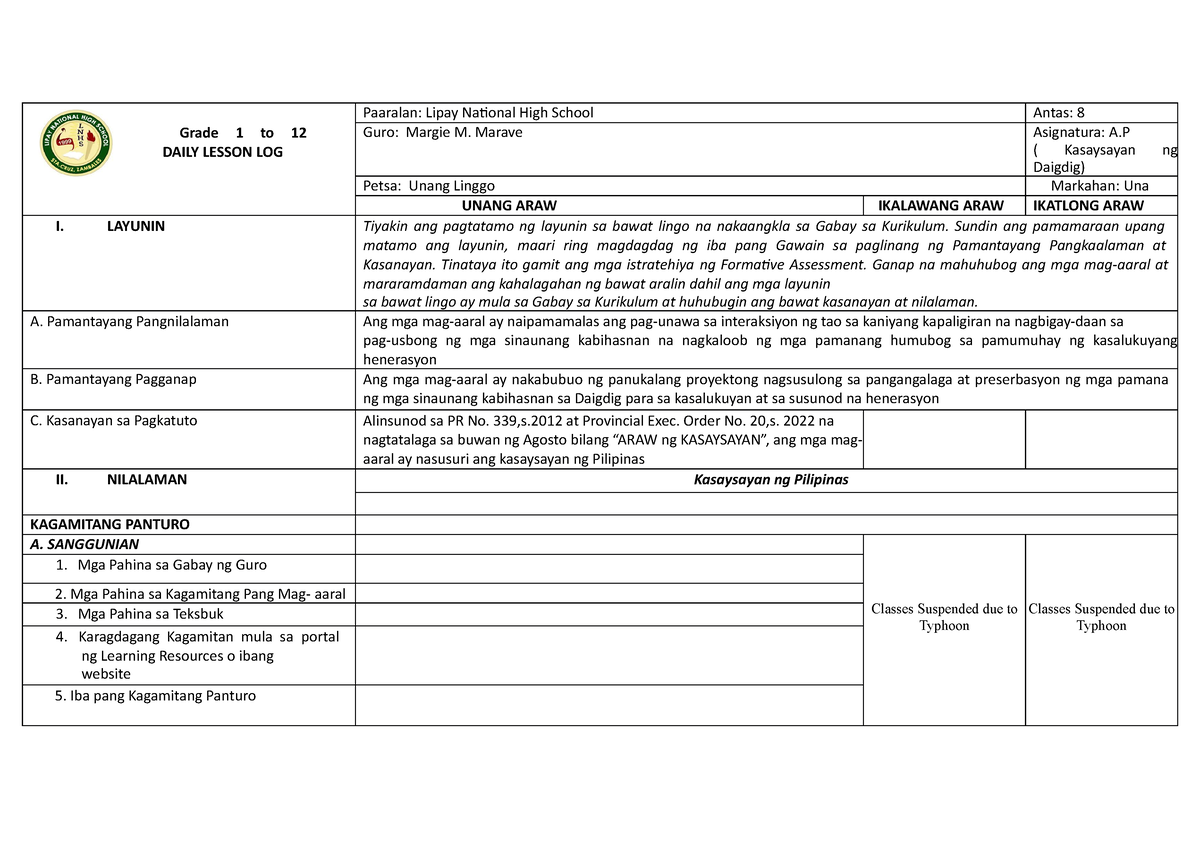 AP Q1 W1 - Lesson Plan - Grade 1 To 12 DAILY LESSON LOG Paaralan: Lipay ...