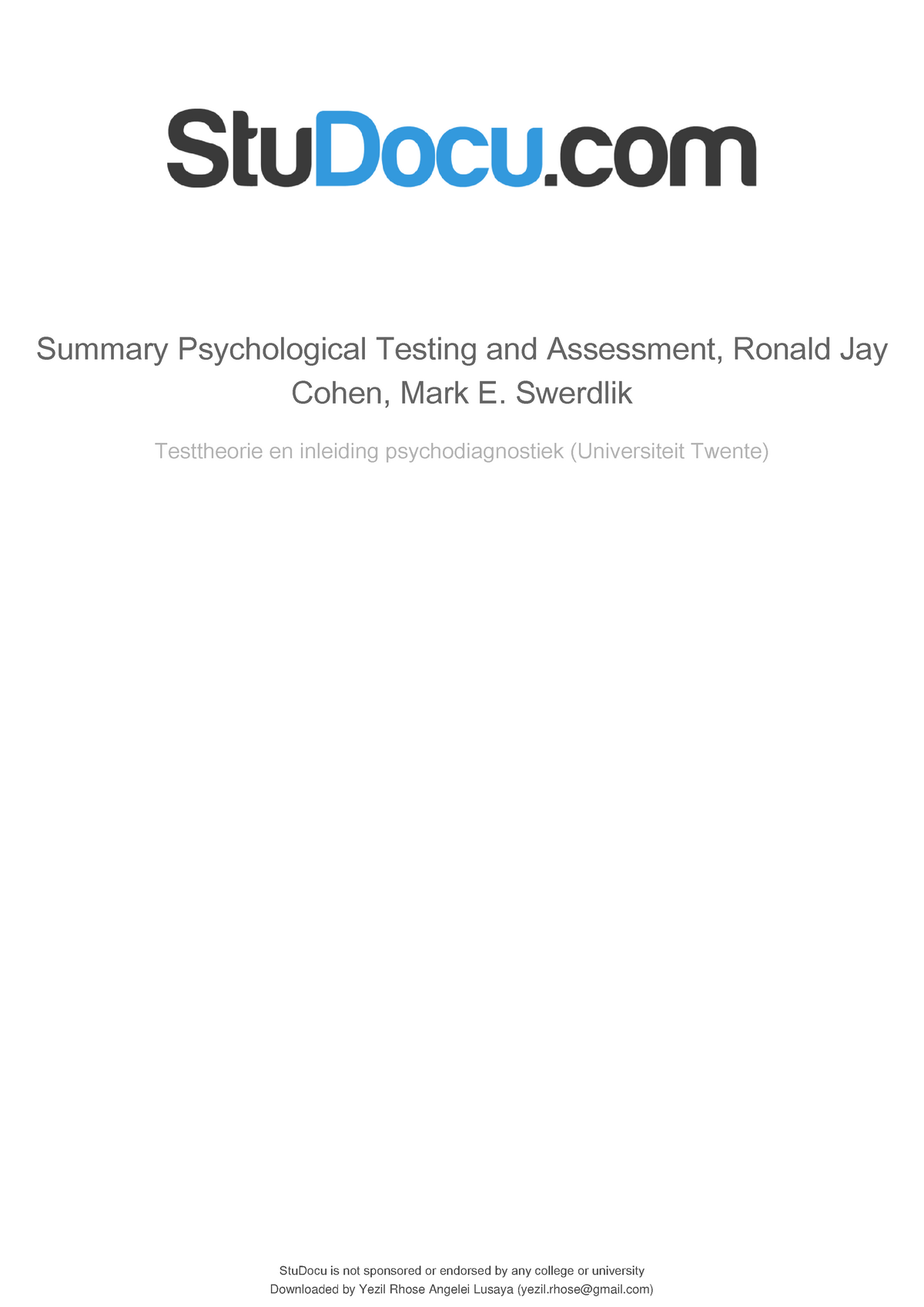 Summary Psychological Testing And Assessment Ronald Jay Cohen Mark E ...