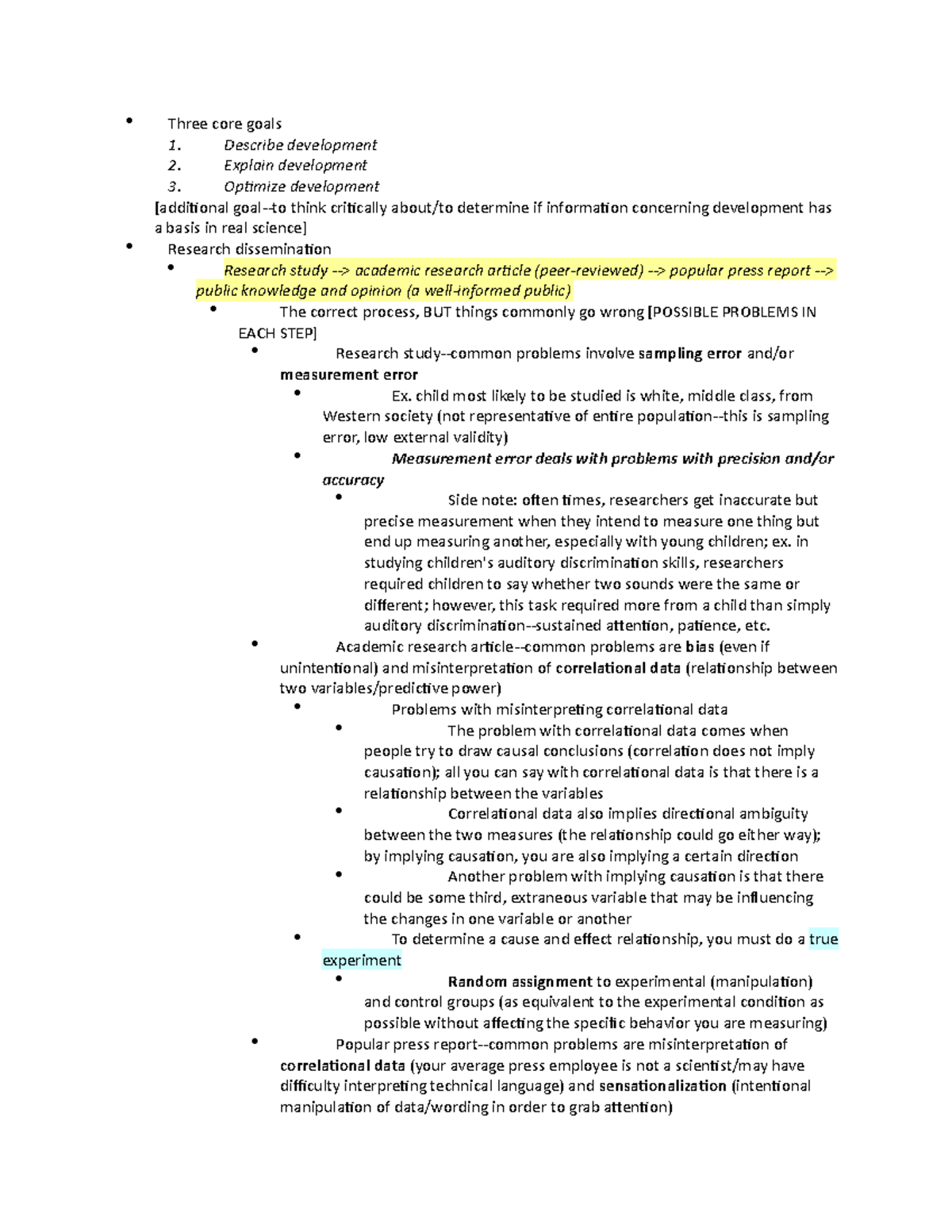 Class Notes 1 - Amy Booth - Three core goals Describe development ...
