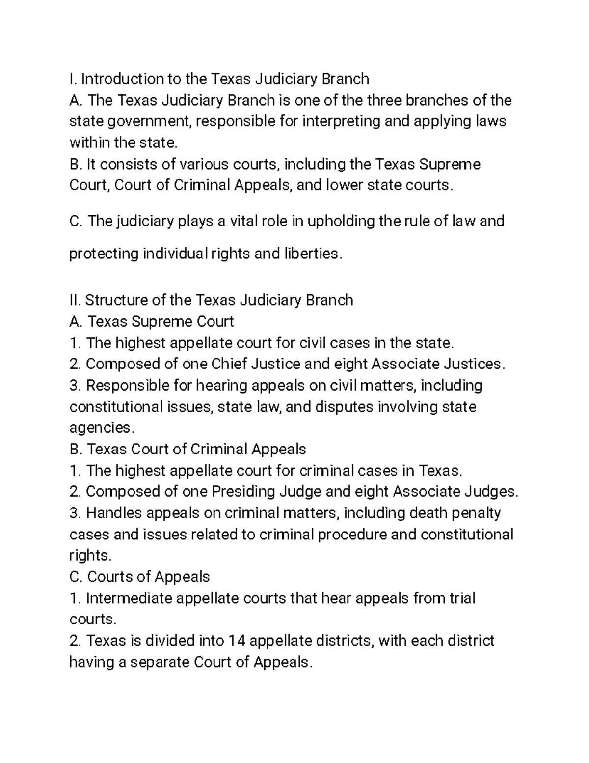 Texas Judiciary Notes - I. Introduction To The Texas Judiciary Branch A ...