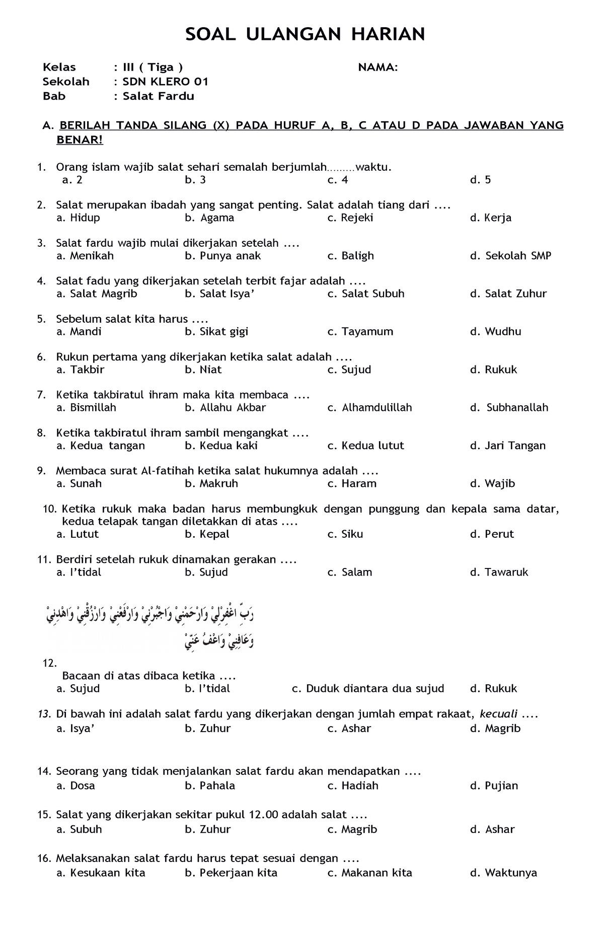 Soal PAI Kelas 3 SD Bab 8 Salat Fardu Dan Kunci Jawaban ( Www ...