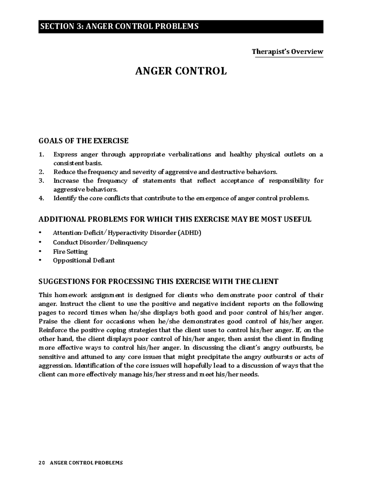 Anger Control - Notes - Therapist’s Overview ANGER CONTROL GOALS OF THE ...