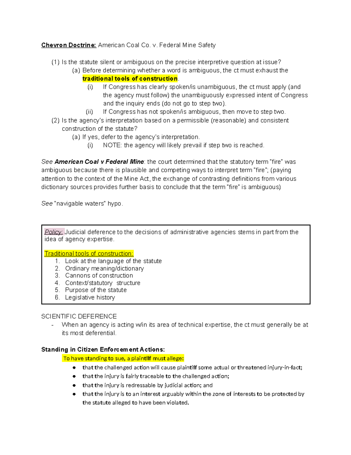 Environ. Fundamental Law Outline - Chevron Doctrine: American Coal Co ...