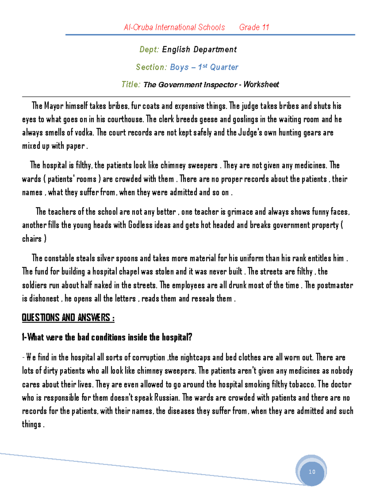 The Government Inspector Worksheet ans Dept English Department