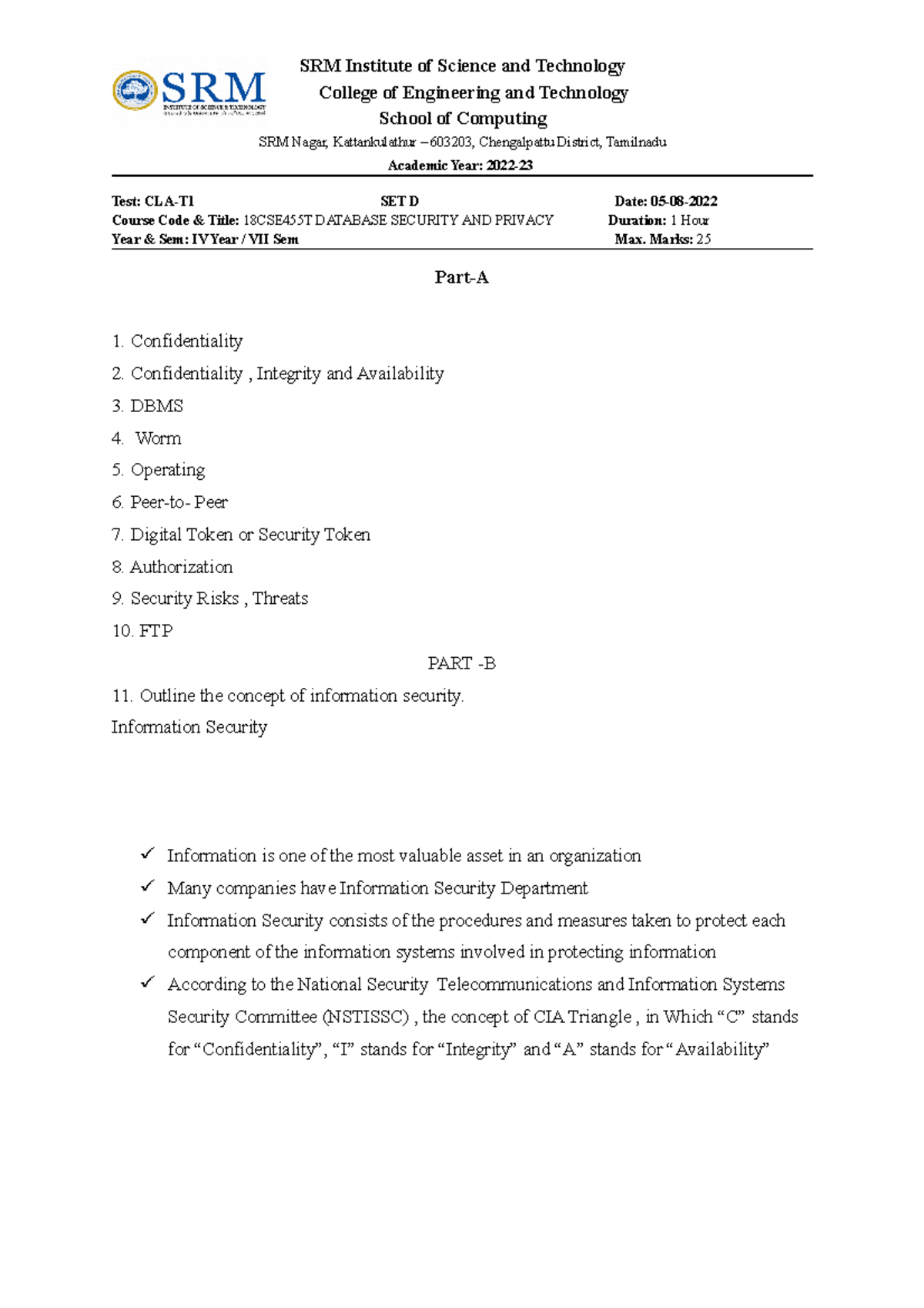 SET D - ans key - set D ans key. - SRM Institute of Science and ...