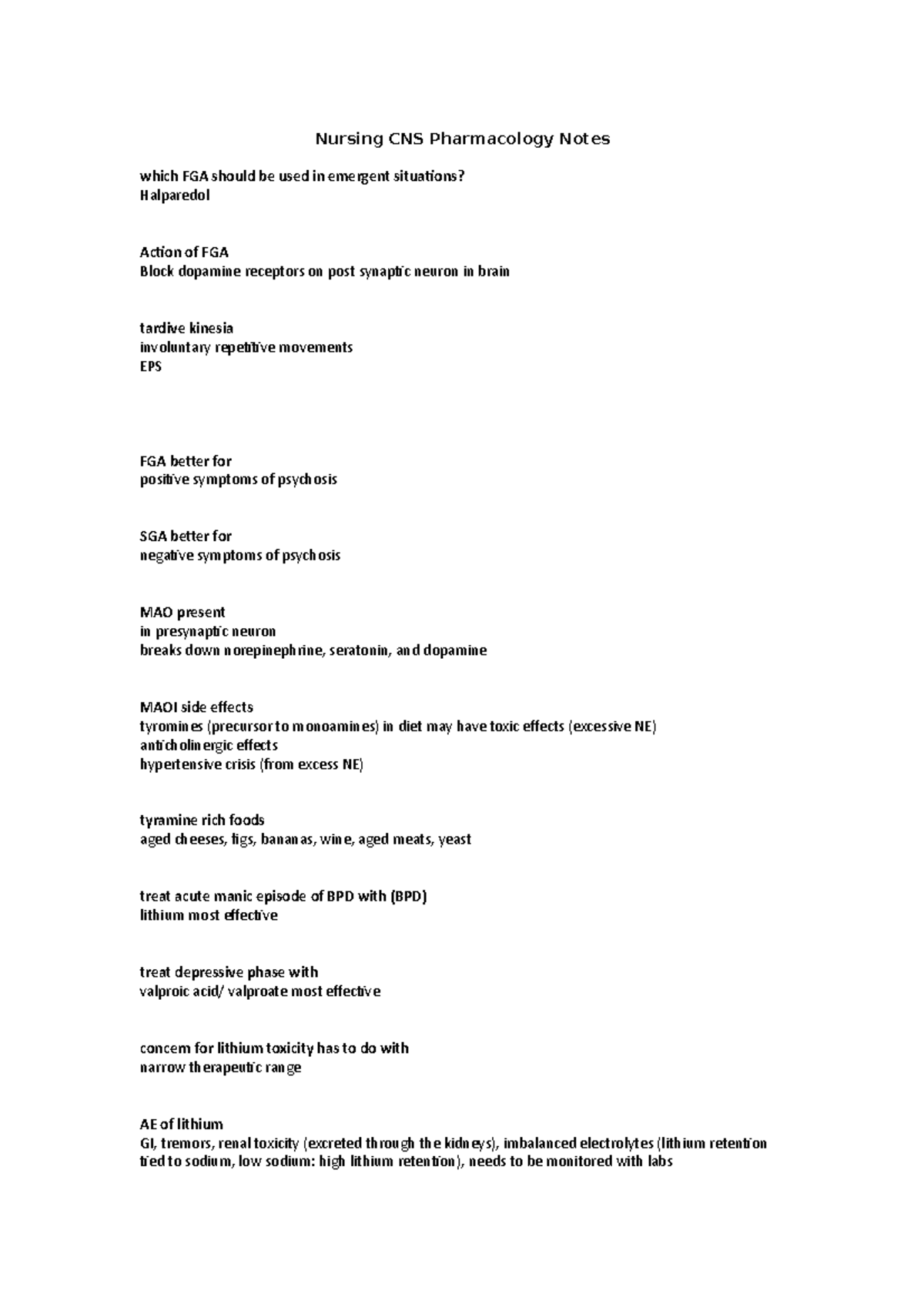 Nursing CNS Pharmacology Notes - 6-0 (maintenance level) 0.8-1 (acute ...