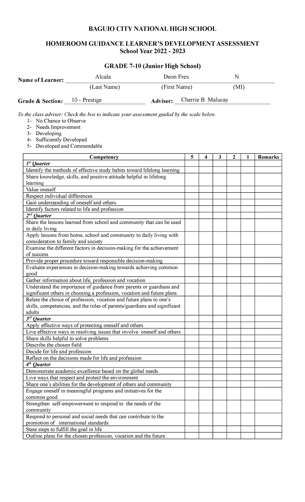 HG G7 12 Learners Development Assessment 1 - HOMEROOM GUIDANCE LEARNER ...