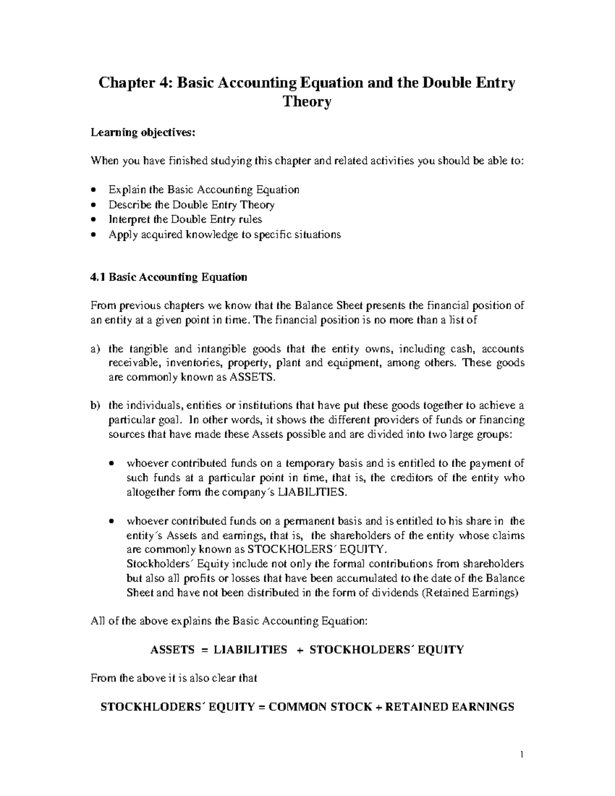 Chapter 4 - Chapter 4: Basic Accounting Equation and the Double Entry ...