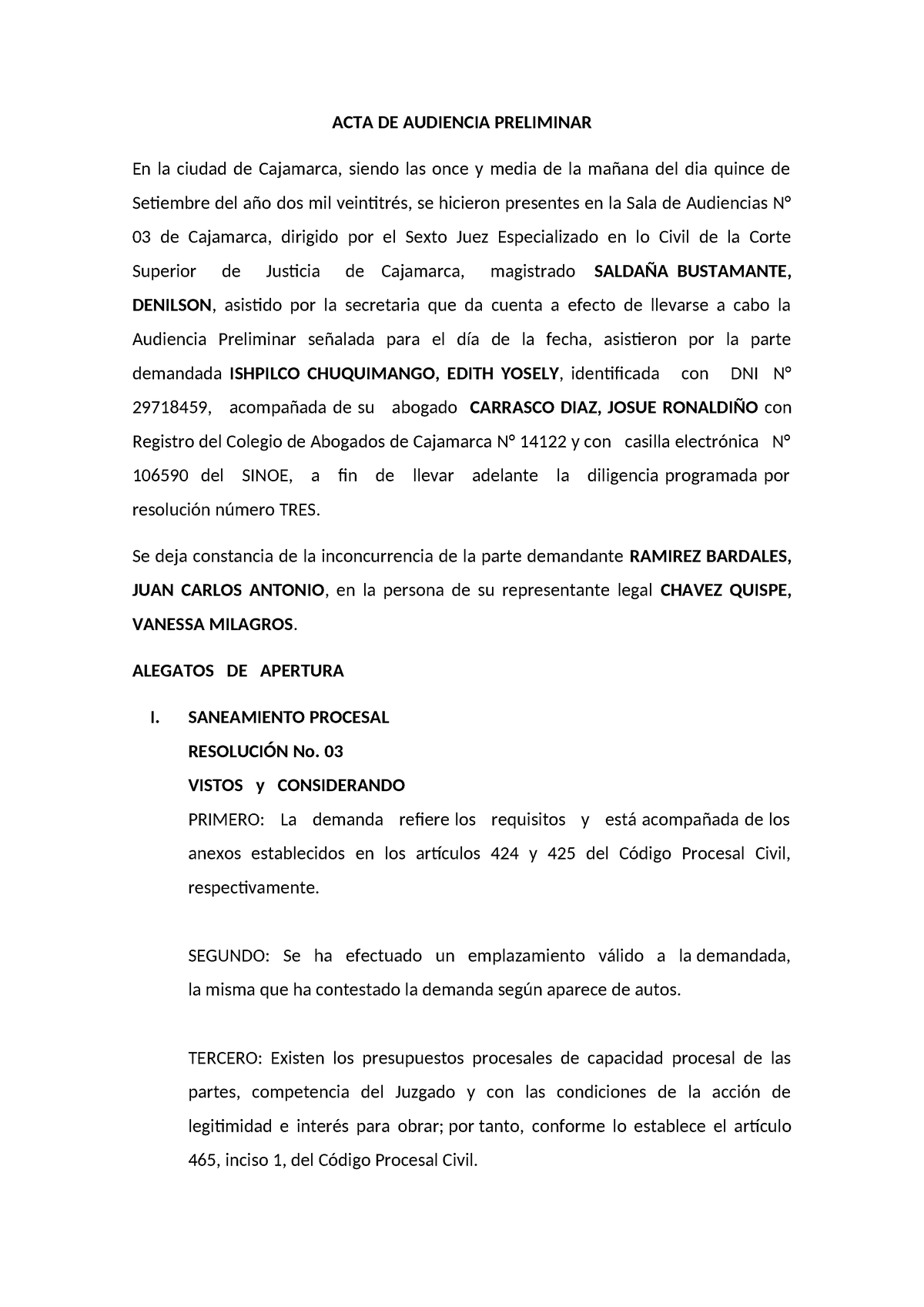 ACTA DE Audiencia Preliminar - ACTA DE AUDIENCIA PRELIMINAR En La ...