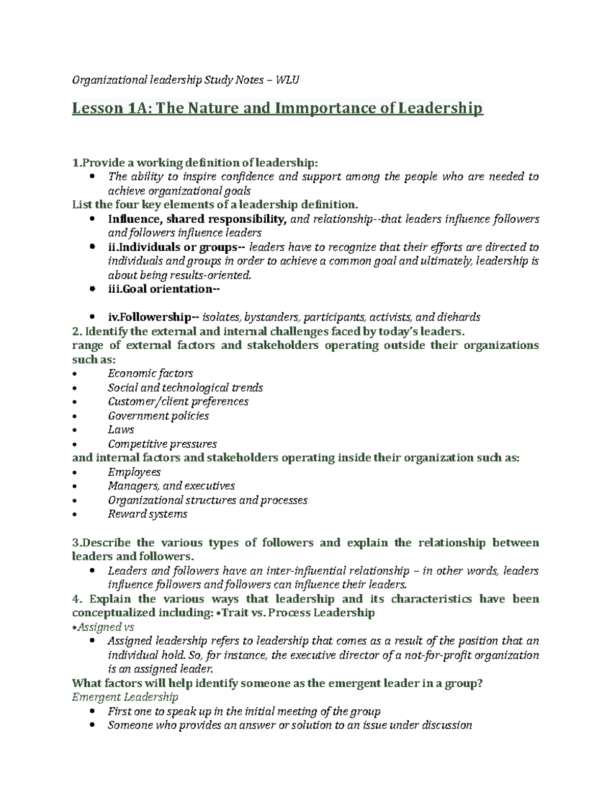 Leadership Study - Lecture Notes 1,2,3,4 - Organizational Leadership ...