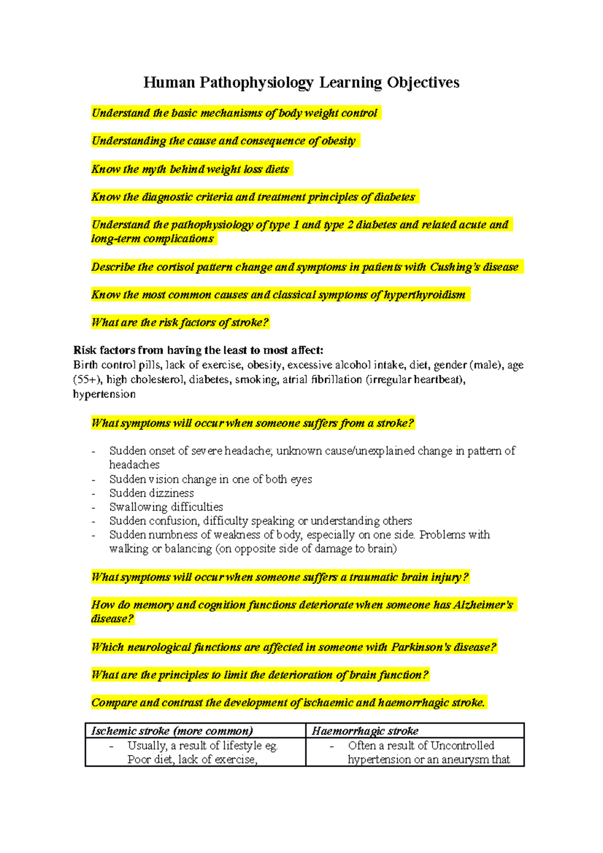 Human Pathophysiology Learning Objectives - week1-6 learning goals for ...