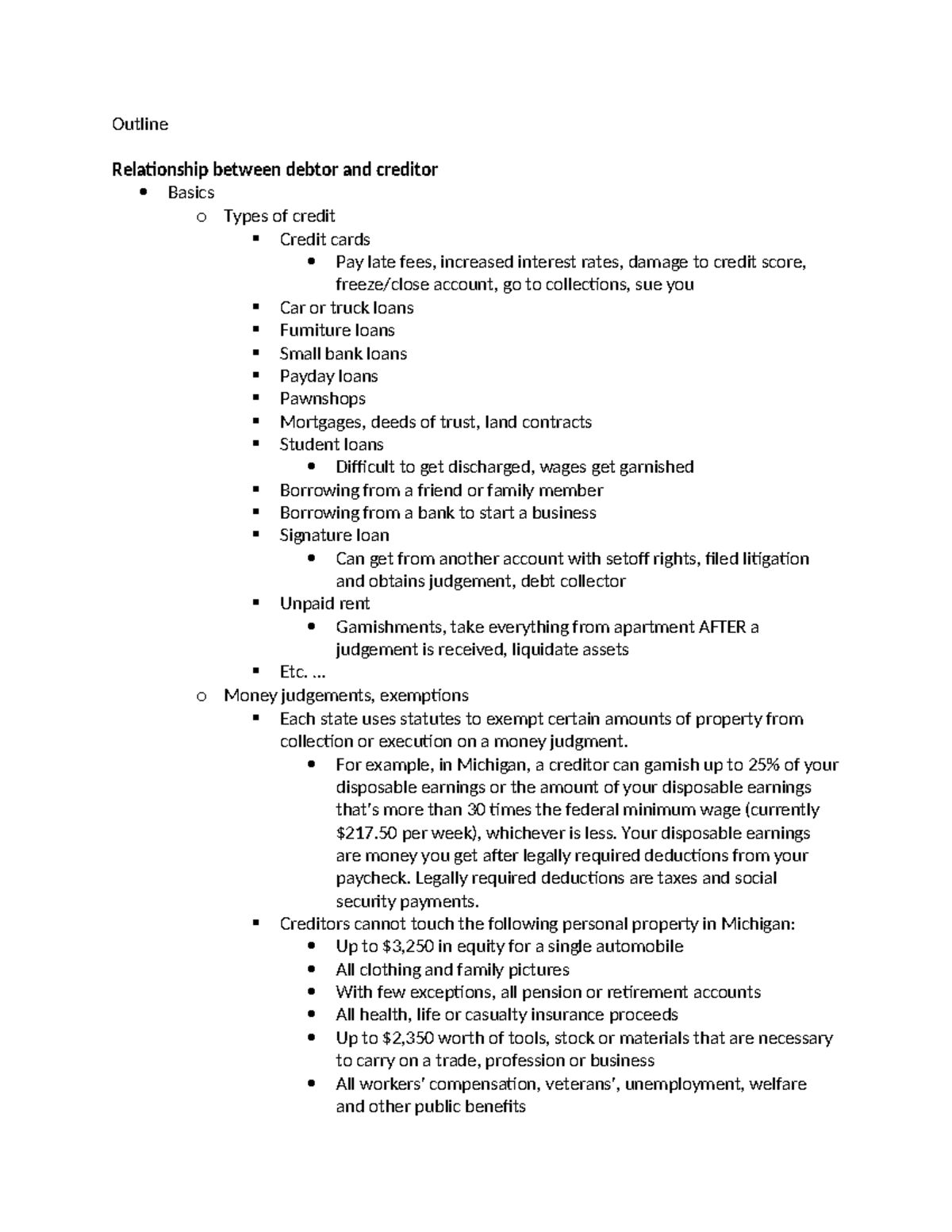 Outline - Outline Relationship between debtor and creditor Basics o ...