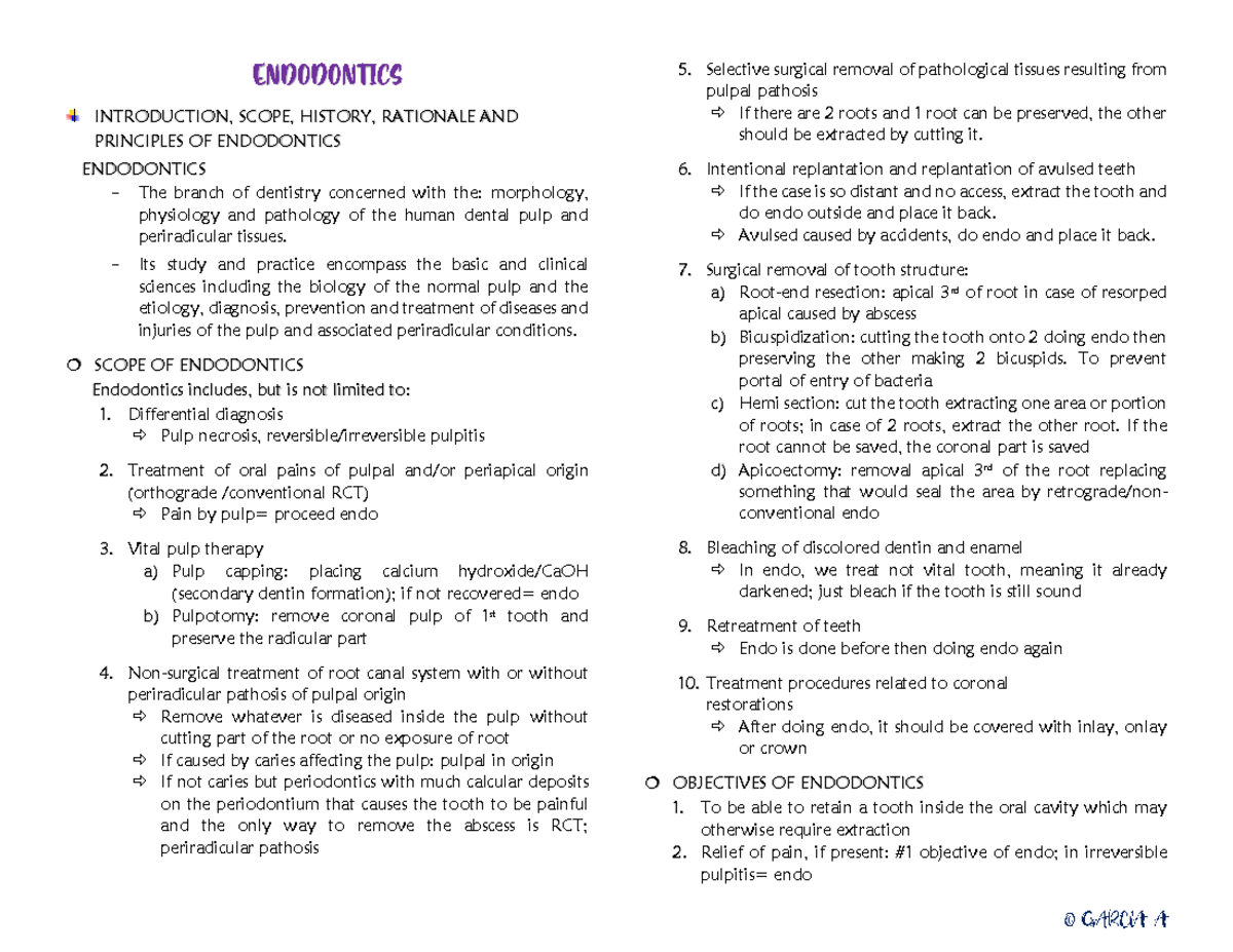 Endodontics Notes summary of endo INTRODUCTION, SCOPE, HISTORY