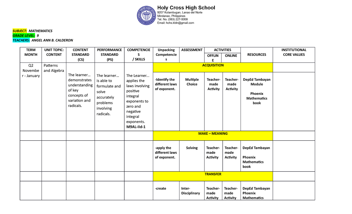 Curriculum Map 9 SUBJECT MATHEMATICS GRADE LEVEL 9 TEACHERS ANGEL