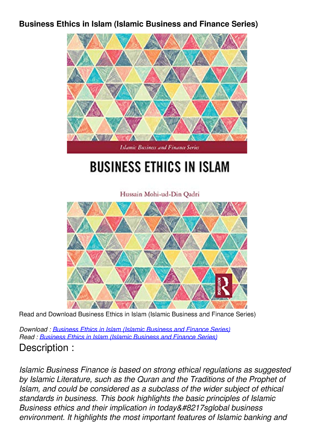 PDF Business Ethics In Islam (Islamic Business And Finance Series ...