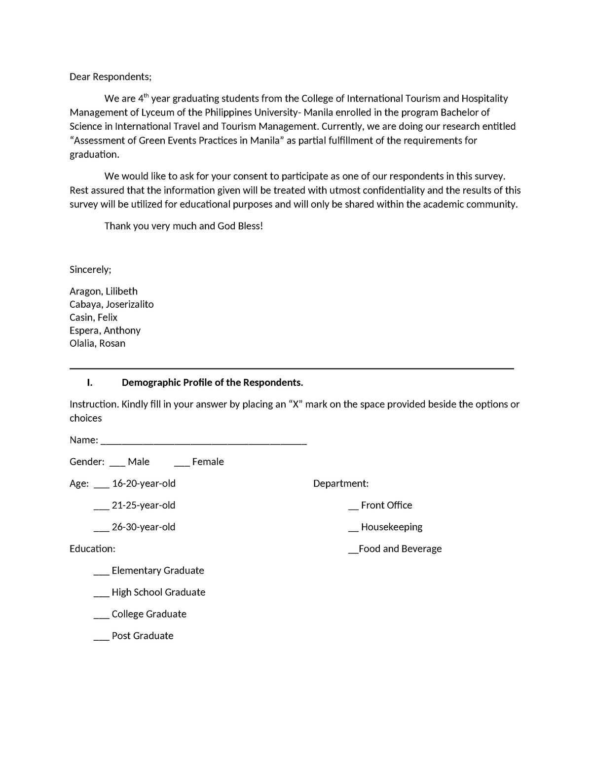 Sample Survey Instrument - Dear Respondents; We are 4th year graduating ...