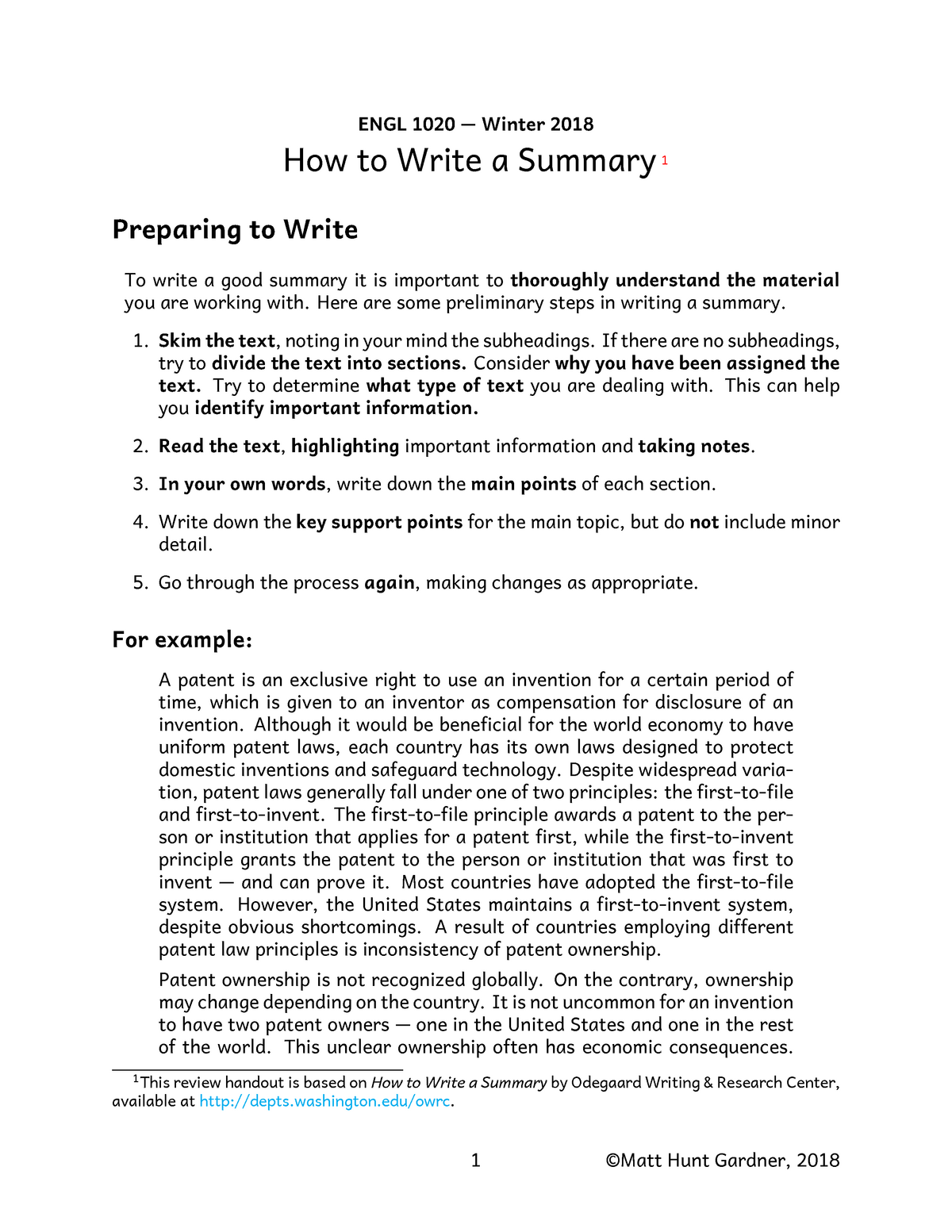 Summaries ENGL 1020 Winter 2018 How To Write A Summary 1 Preparing 